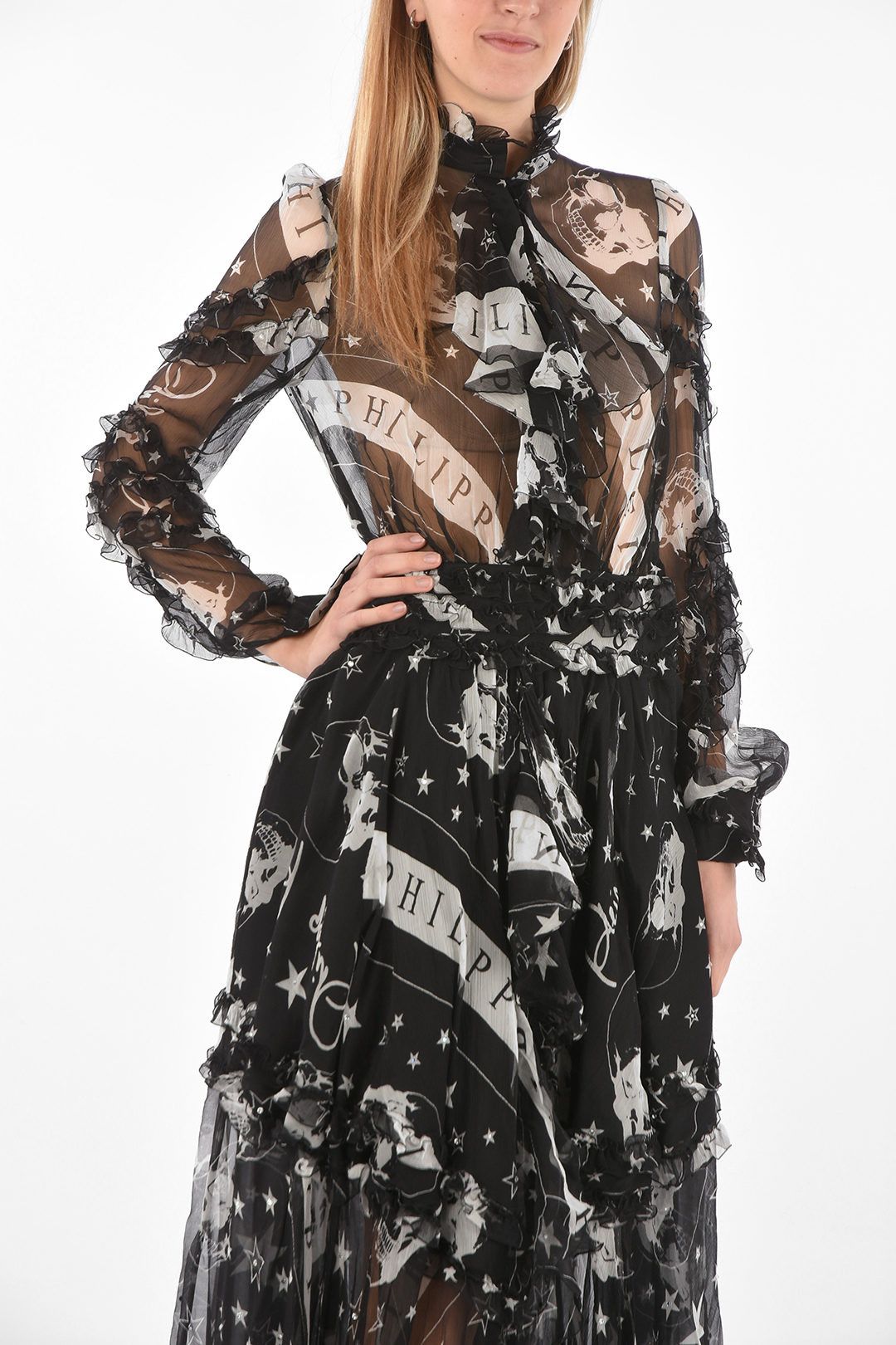 Philipp Plein og1mm0824 Sheer Silk Ruffles Floor Dress With Tie Neck Size XS / US 0-2 / IT 36-38 - 4 Thumbnail