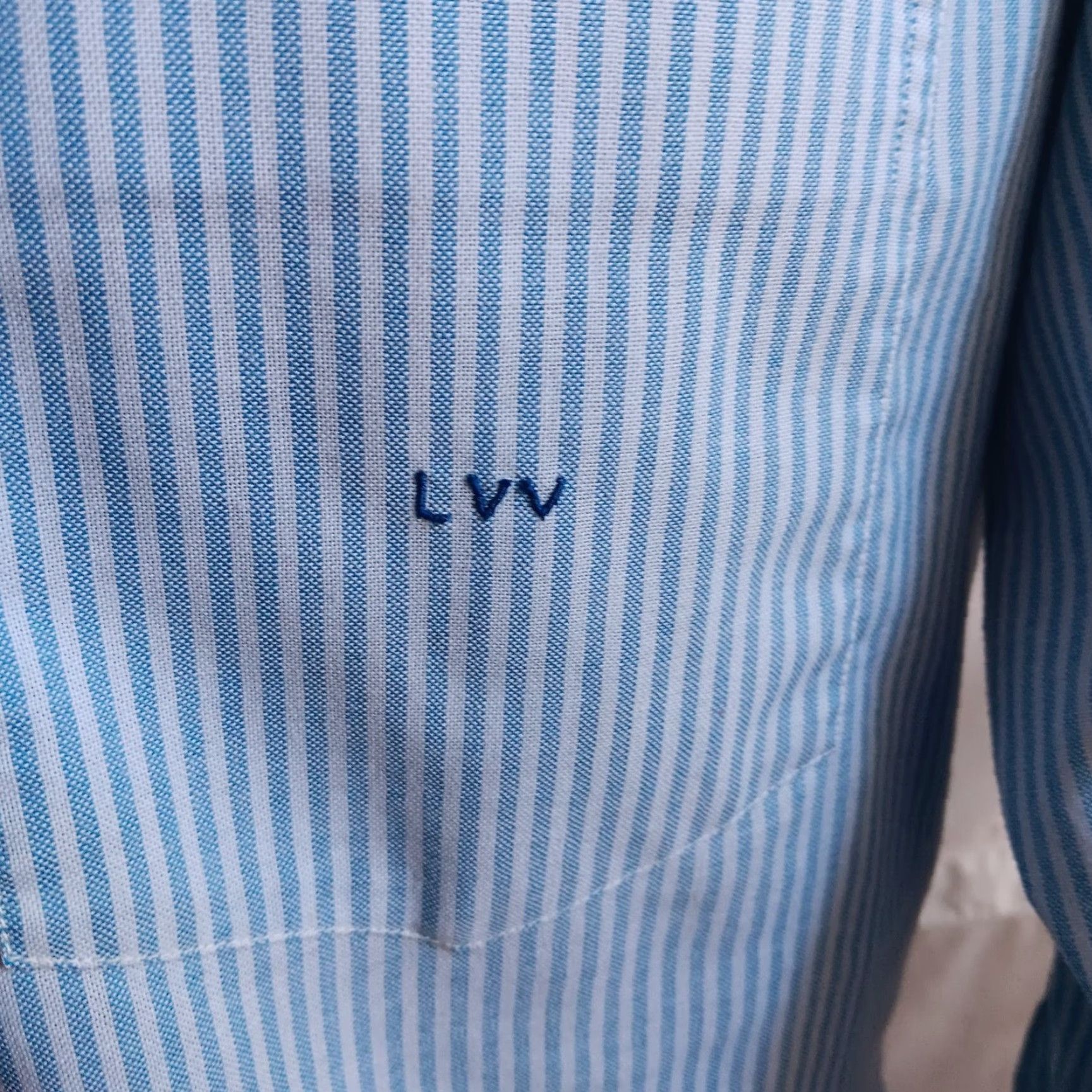 VINTAGE Shirt Brokers 70s Dress Shirt Large Blue Striped Embroidered Monogram Long Sleeve Mens