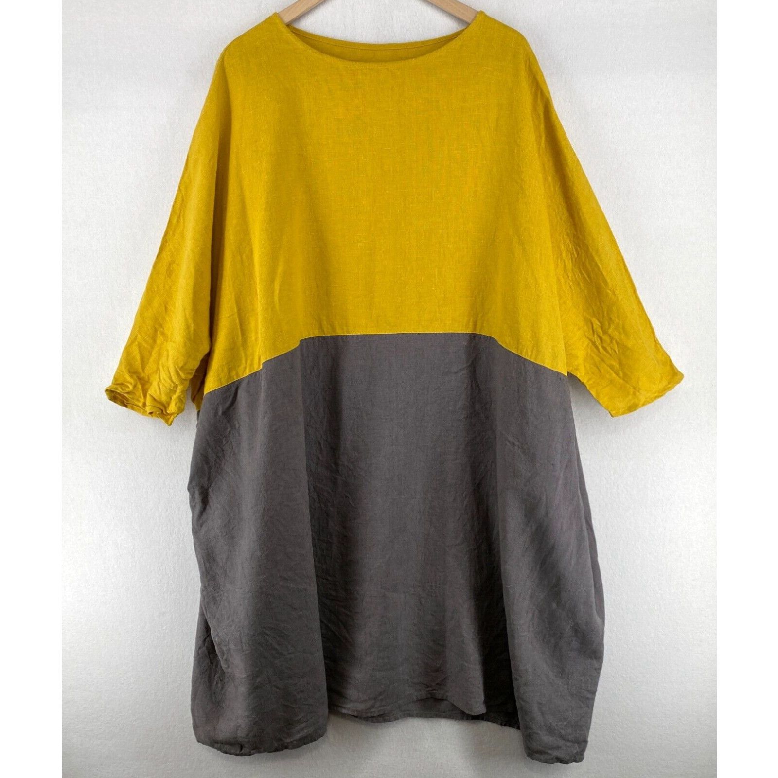 image of Vintage Mstyle Dress Xl-2Xl Linen Shift Tunic Colorblock Dolman Sleeve Yellow Gray in White, Women'