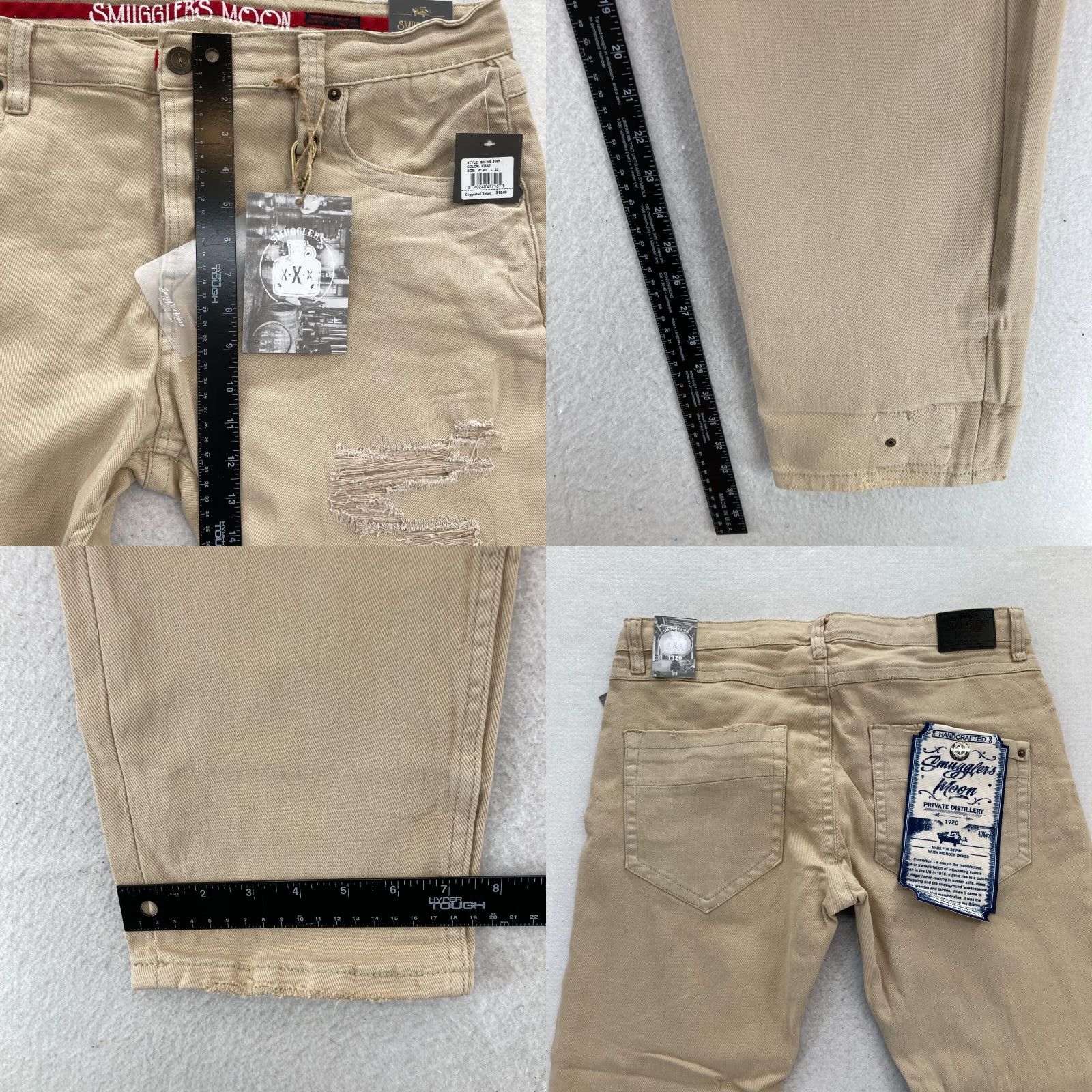 Denime Smugglers Moon Jeans Mens 40x33 Khaki Beige Denim Button Fly Roll Up Distressed Size US 40 / EU 56 - 9 Thumbnail
