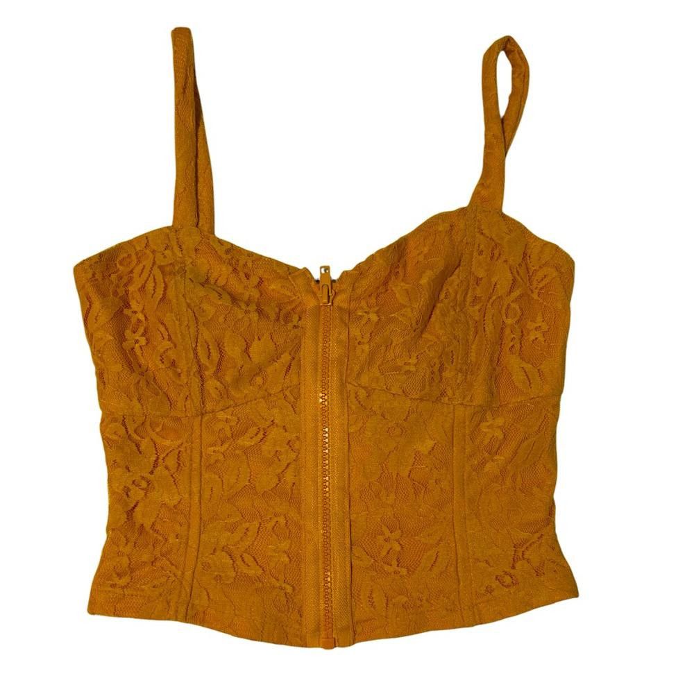Designer Mustard Yellow Lace- zip-Up Crop Top - Size Small Size S / US 4 / IT 40 - 1 Thumbnail