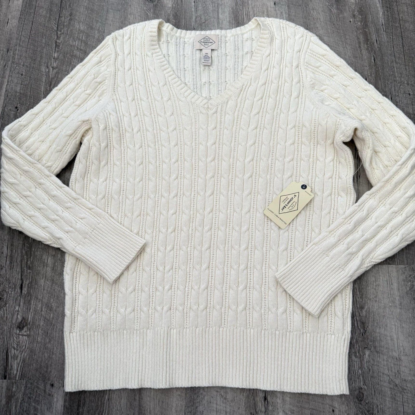 Vintage St. John's Bay Cable Knit V-Neck Sweater 0X Womens Plus Ivory Cotton Nylon NEW Cardigan Size XL / US 12-14 / IT 48-50 - 7 Thumbnail