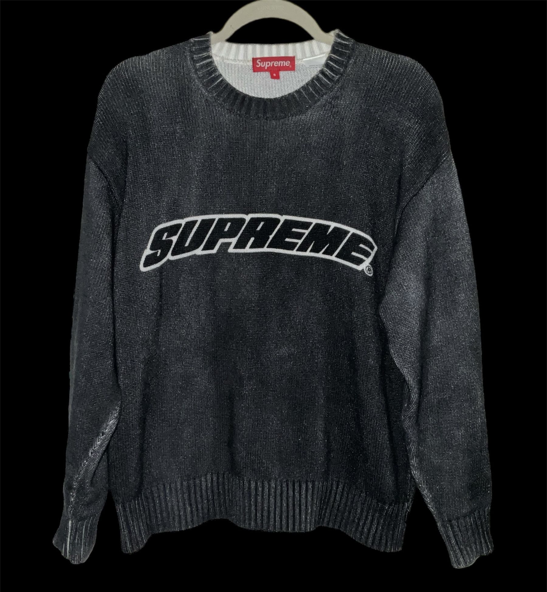 image of Supreme Distressed Logo Sweater in Black/Navy, Men's (Size Small)