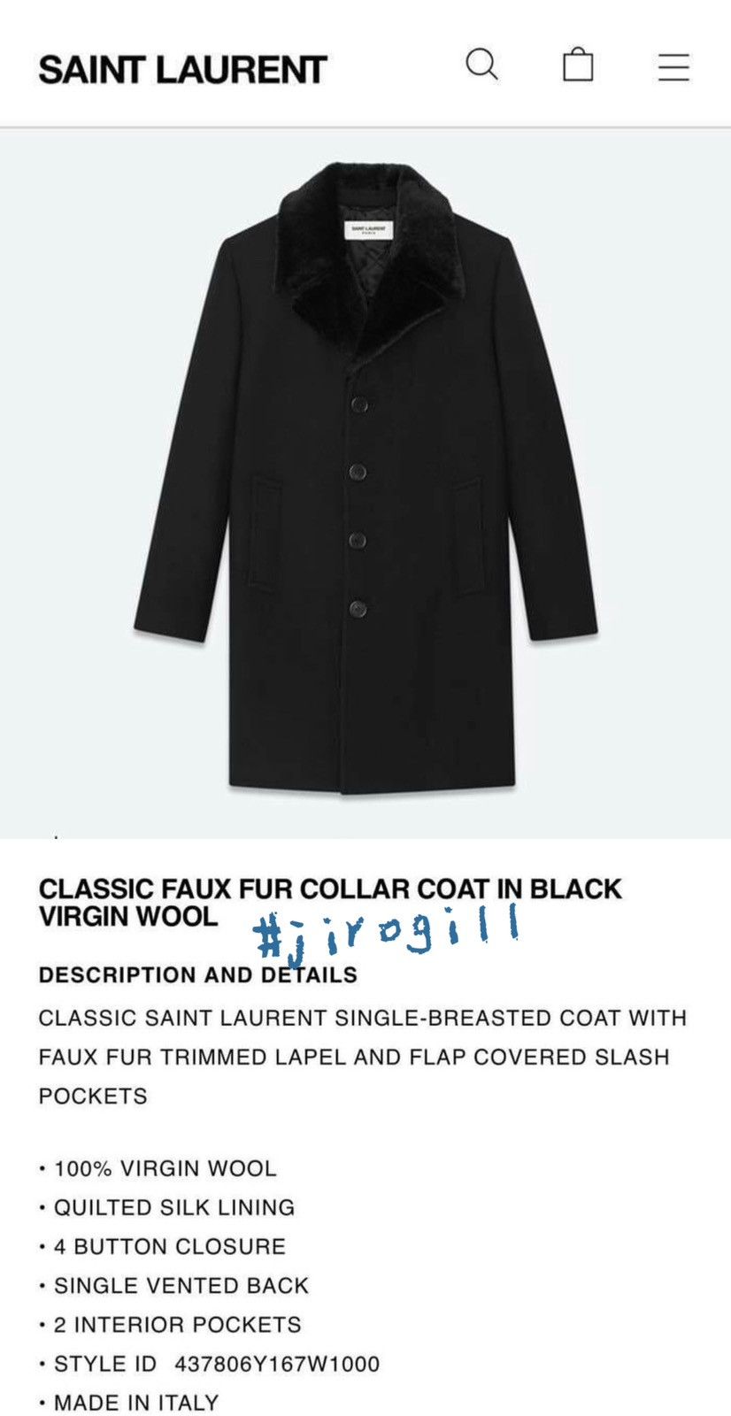 Hedi Slimane × Saint Laurent Paris 16FW Faux Fur Collar Coat Sz44 Size US S / EU 44-46 / 1 - 10 Thumbnail