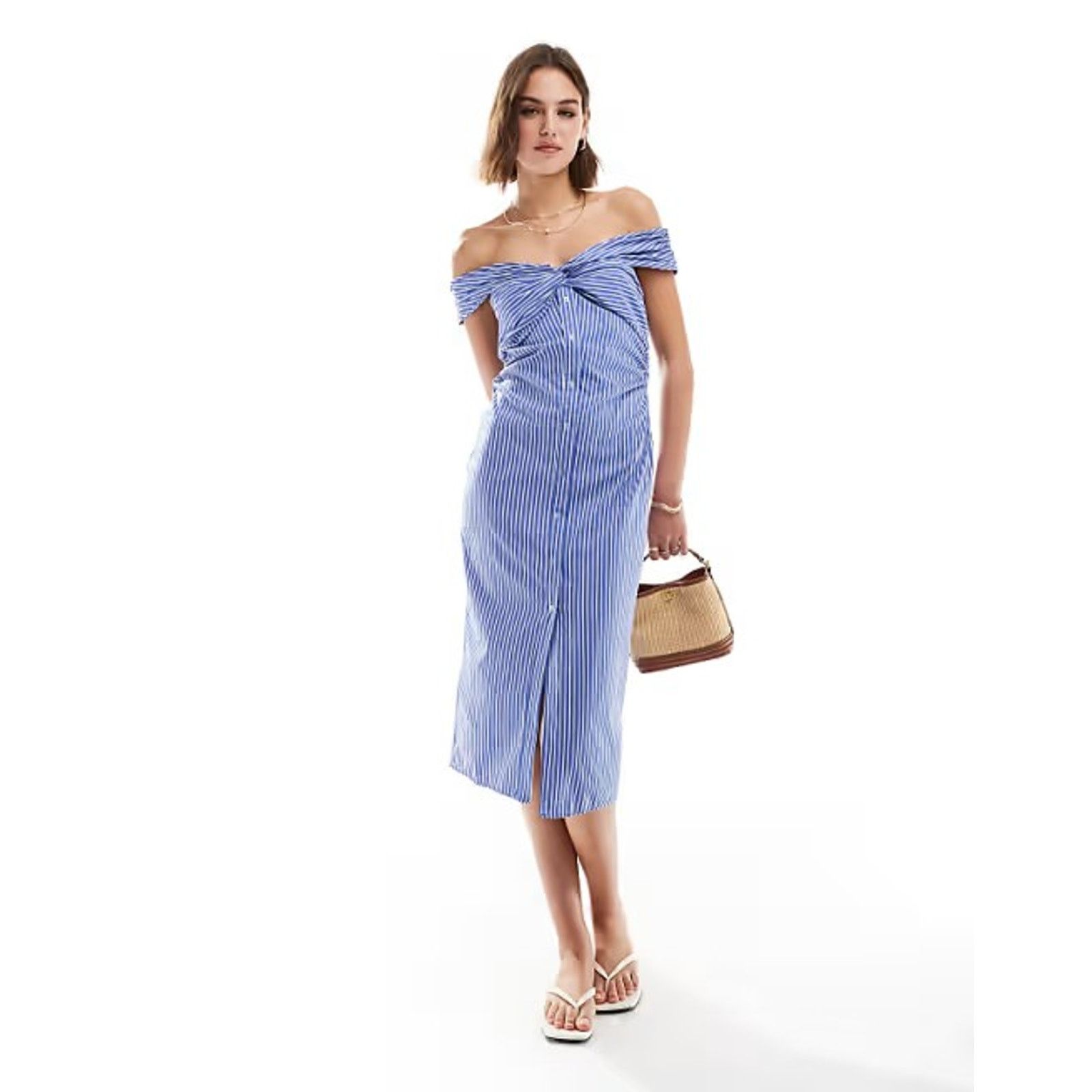 Mango MANGO Striped Off-Shoulder Midi Dress NWT Size L / US 10 / IT 46 - 15 Thumbnail