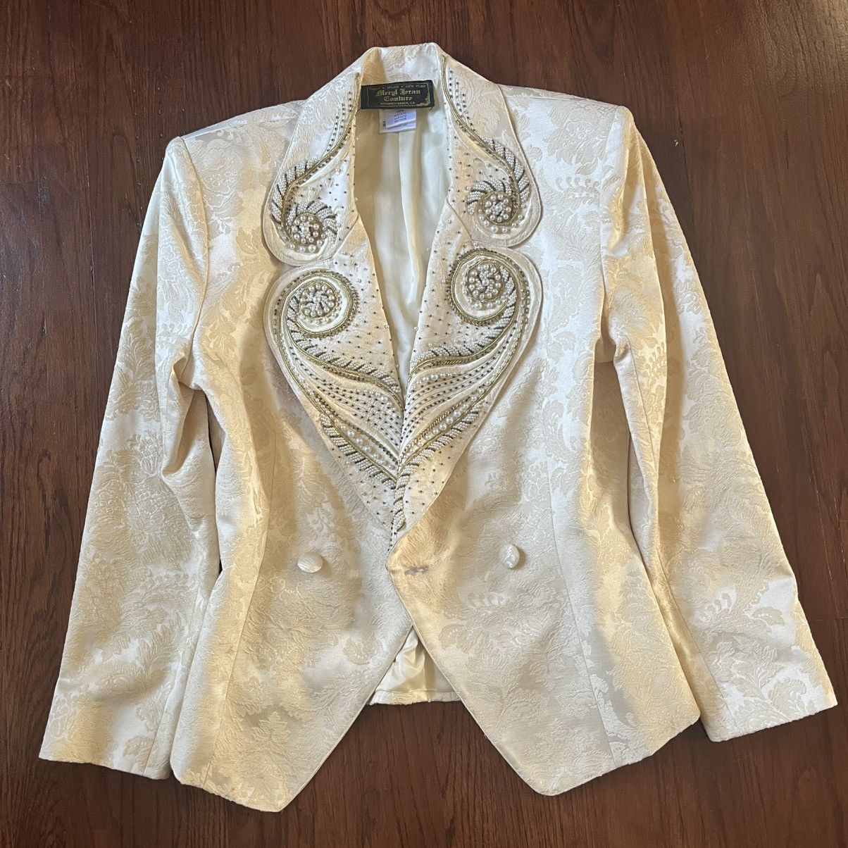 Vintage 90s Meryl Jeran Couture Gold n Crème Blazer w Pearls