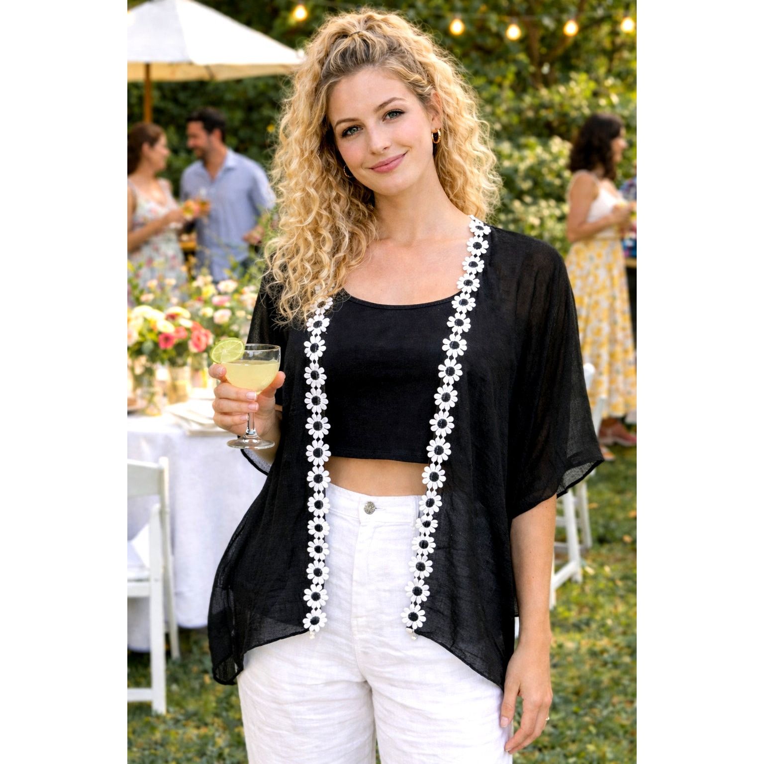 Other Black with White Daisies Kimono - Black/White - One Size Size ONE SIZE - 1 Thumbnail