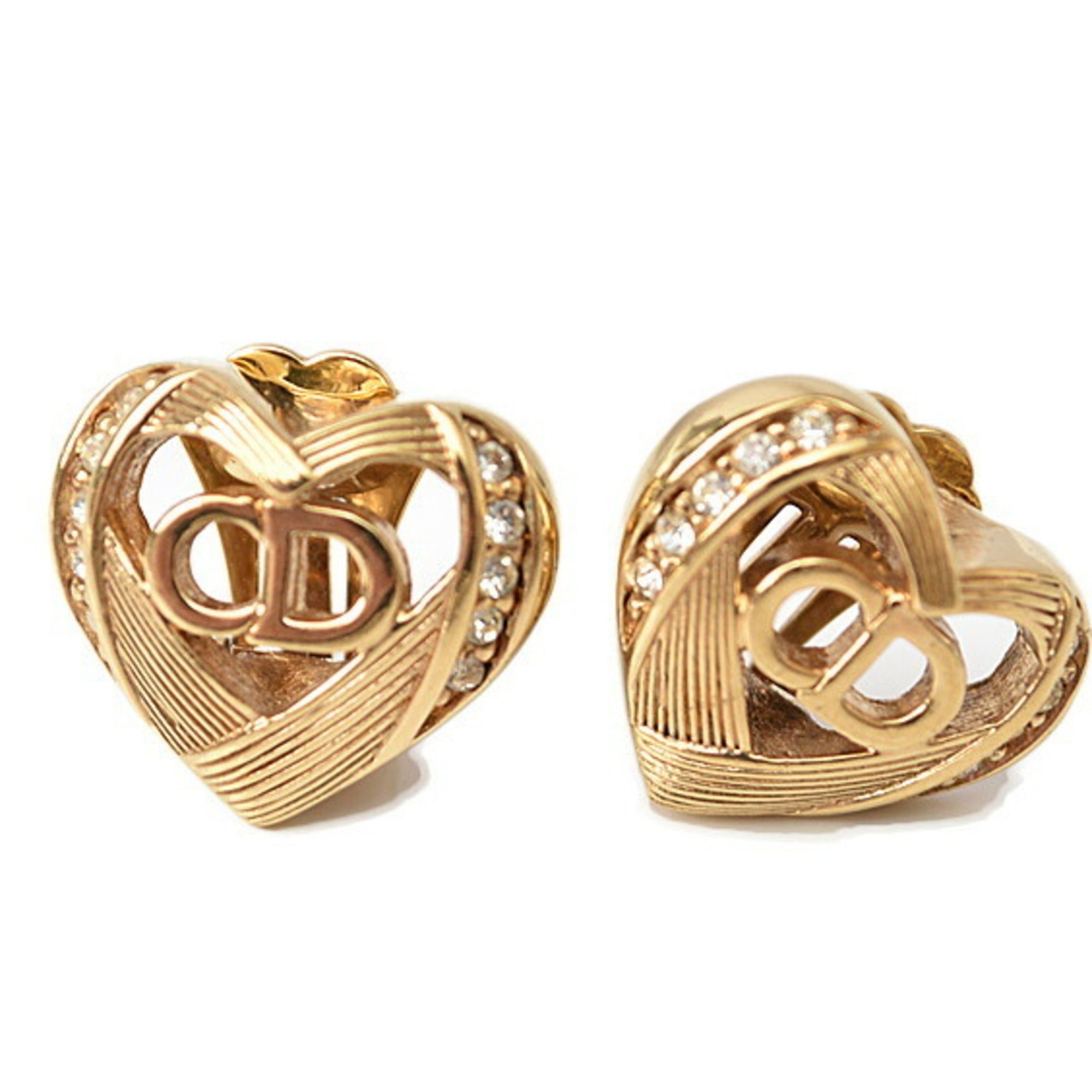 image of Christian Dior Earrings Heart Motif Rhinestone Gold, Women's