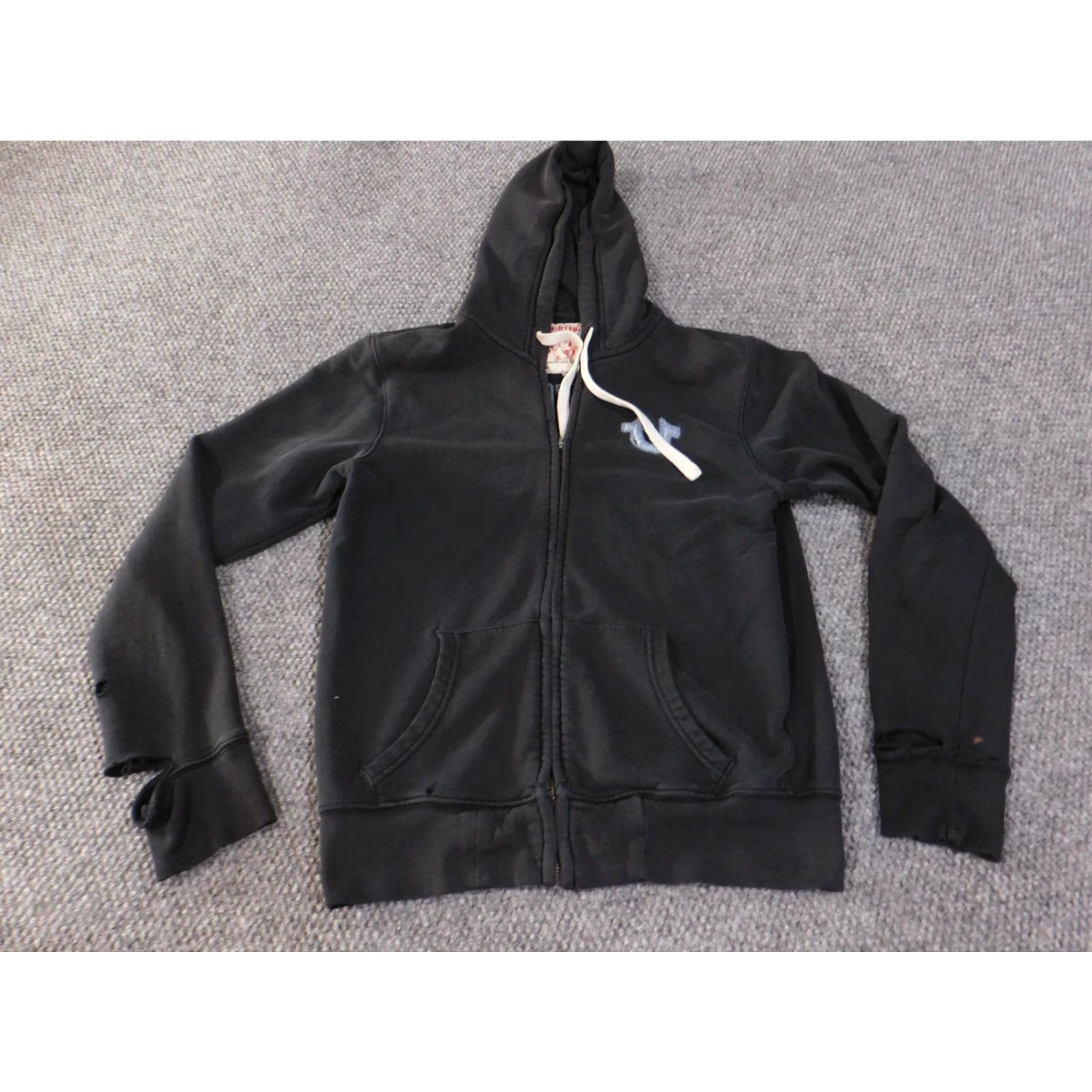 True Religion VINTAGE True Religion Hoodie Sweatshirt Mens S Black Full Zip Back Denim Patch Graphic Print Logo Zipper Kangaroo Pockets Size US S / EU 44-46 / 1 - 3 Thumbnail