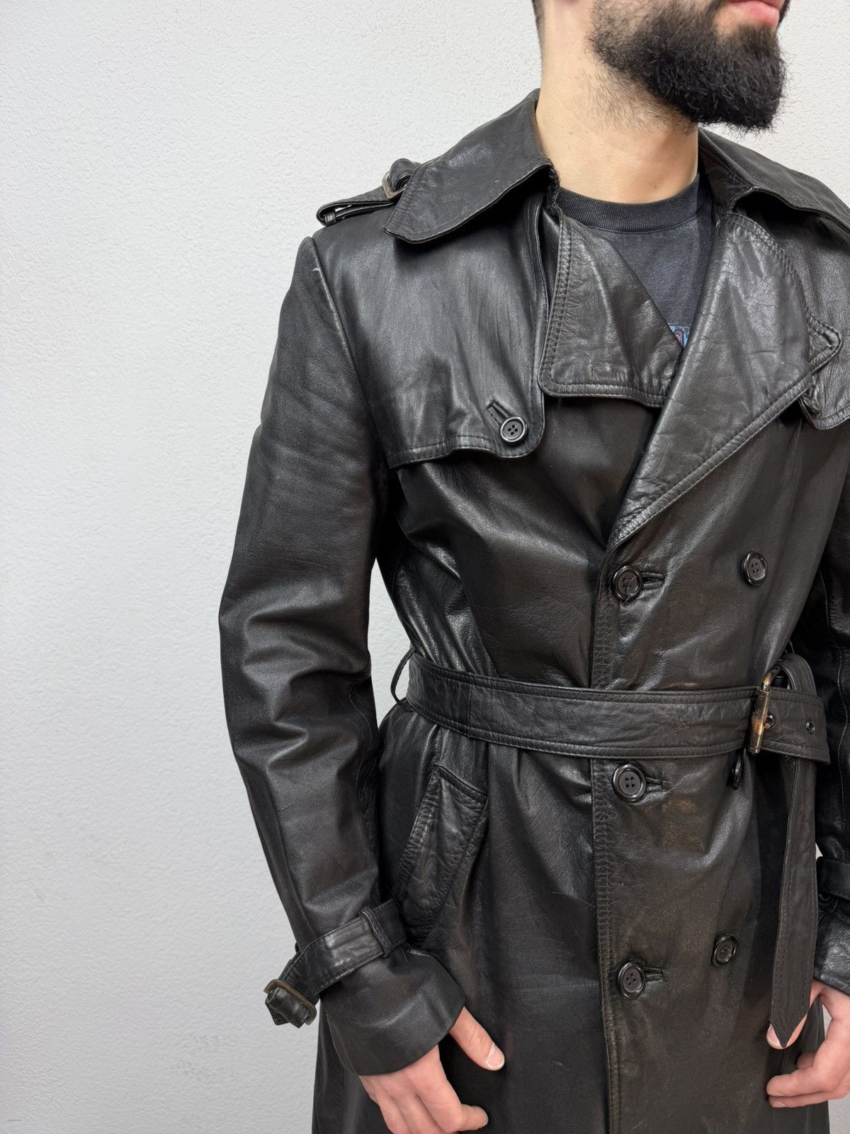 If Six Was Nine Vintage Rick Owens Style Double Breasted Leather Coat Jacket Size US M / EU 48-50 / 2 - 5 Thumbnail