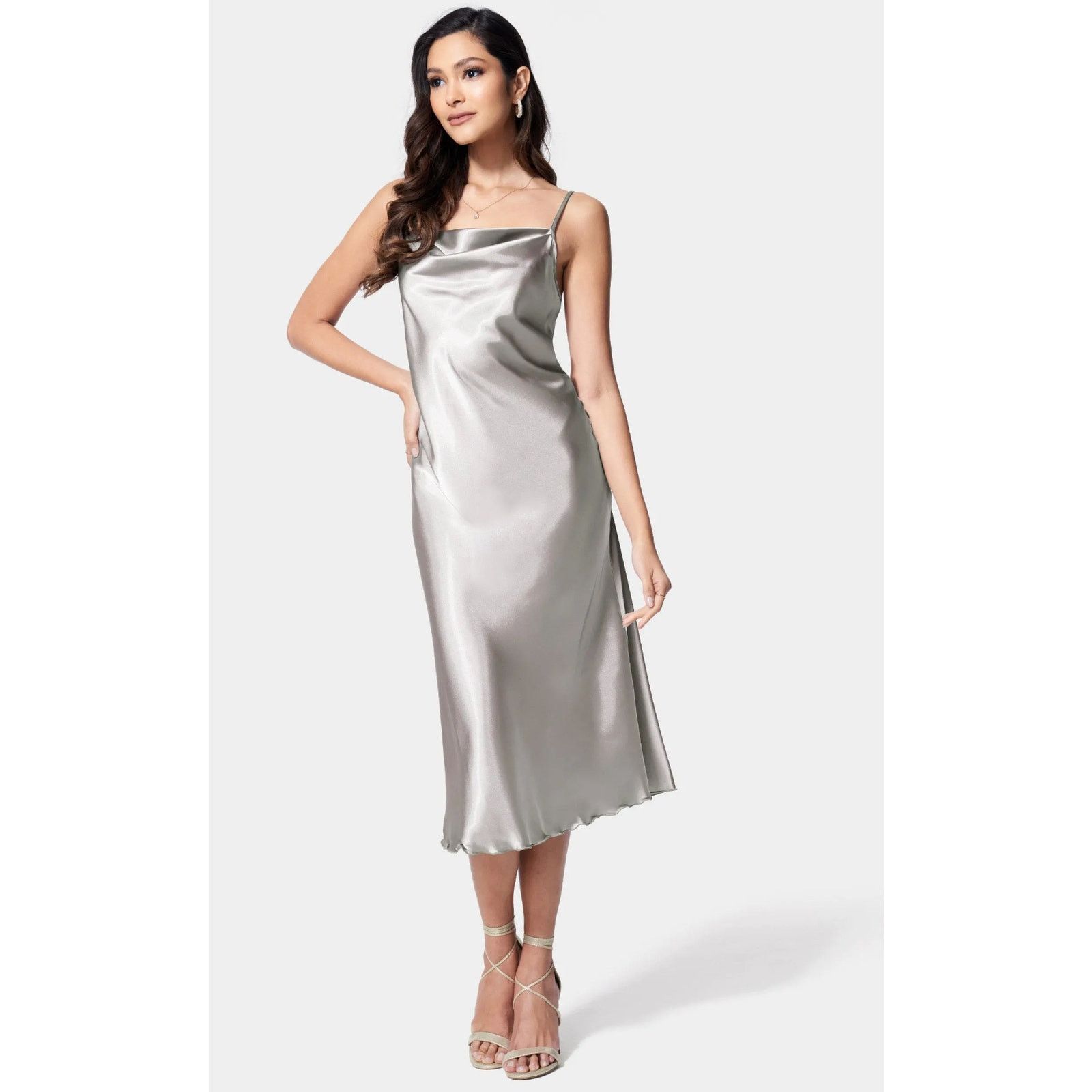 Bebe Bebe silver slip dress with cowl neck Size L / US 10 / IT 46 - 2 Thumbnail