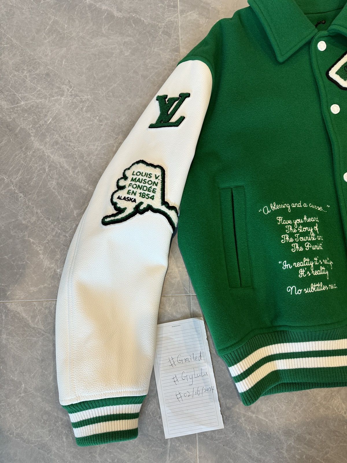 Louis Vuitton Louis Vuitton Green & White Varsity Leather Jacket Size US L / EU 52-54 / 3 - 5 Thumbnail
