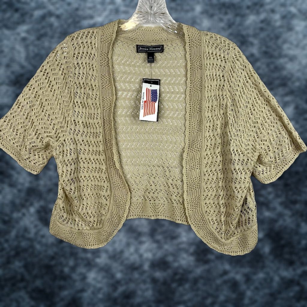 Vintage VINTAGE Jessica Howard Cardigan Womens 2XL Beige Crochet Shrug Open-Knit V-Neck Short Sleeve Size XXL / US 16-18 / IT 52-54 - 1 Thumbnail