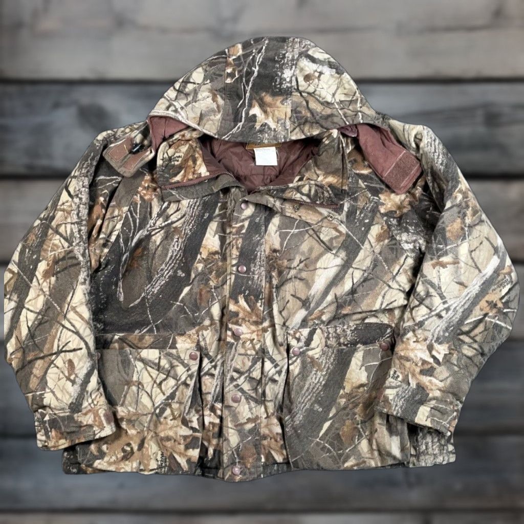 Duxbak Jacket Adult 2XL Green Realtree Hardwoods Camouflage Hooded Zip Insulated Pockets 90s Outdoor Mens
