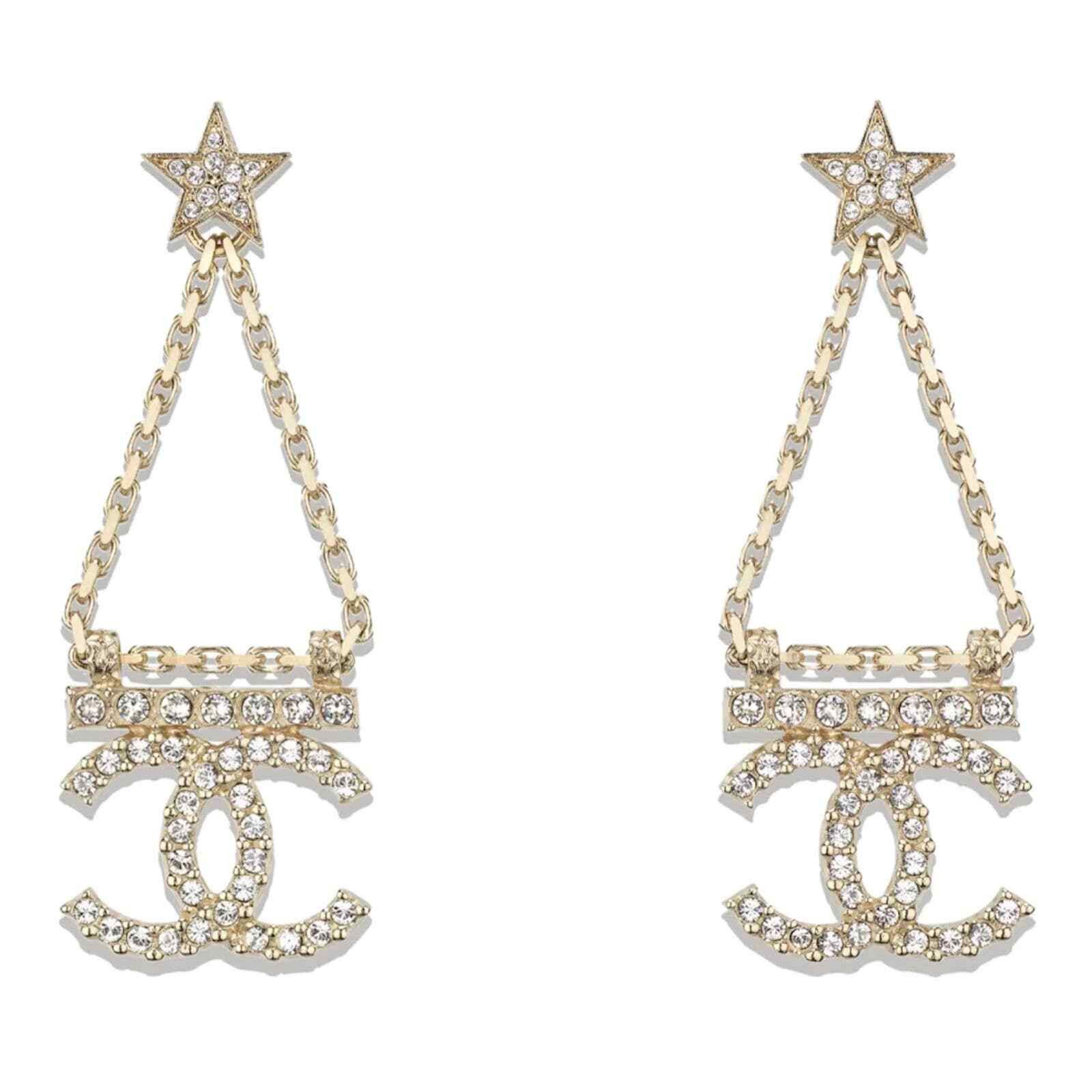 Chanel Chanel Gold Star Crystal Chain Dangle Statement Earrings Size ONE SIZE - 1 Thumbnail