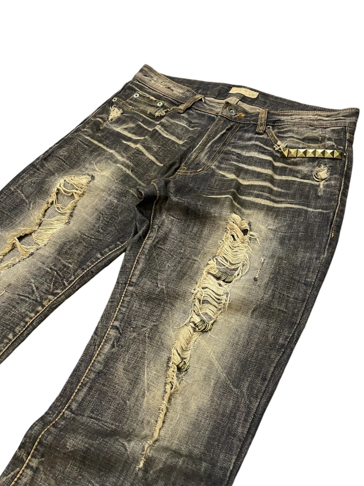 Japanese Brand G.O.A Pierced & Studded Honeycomb Claw Mark Mud Flare Jeans Size US 30 / EU 46 - 3 Thumbnail