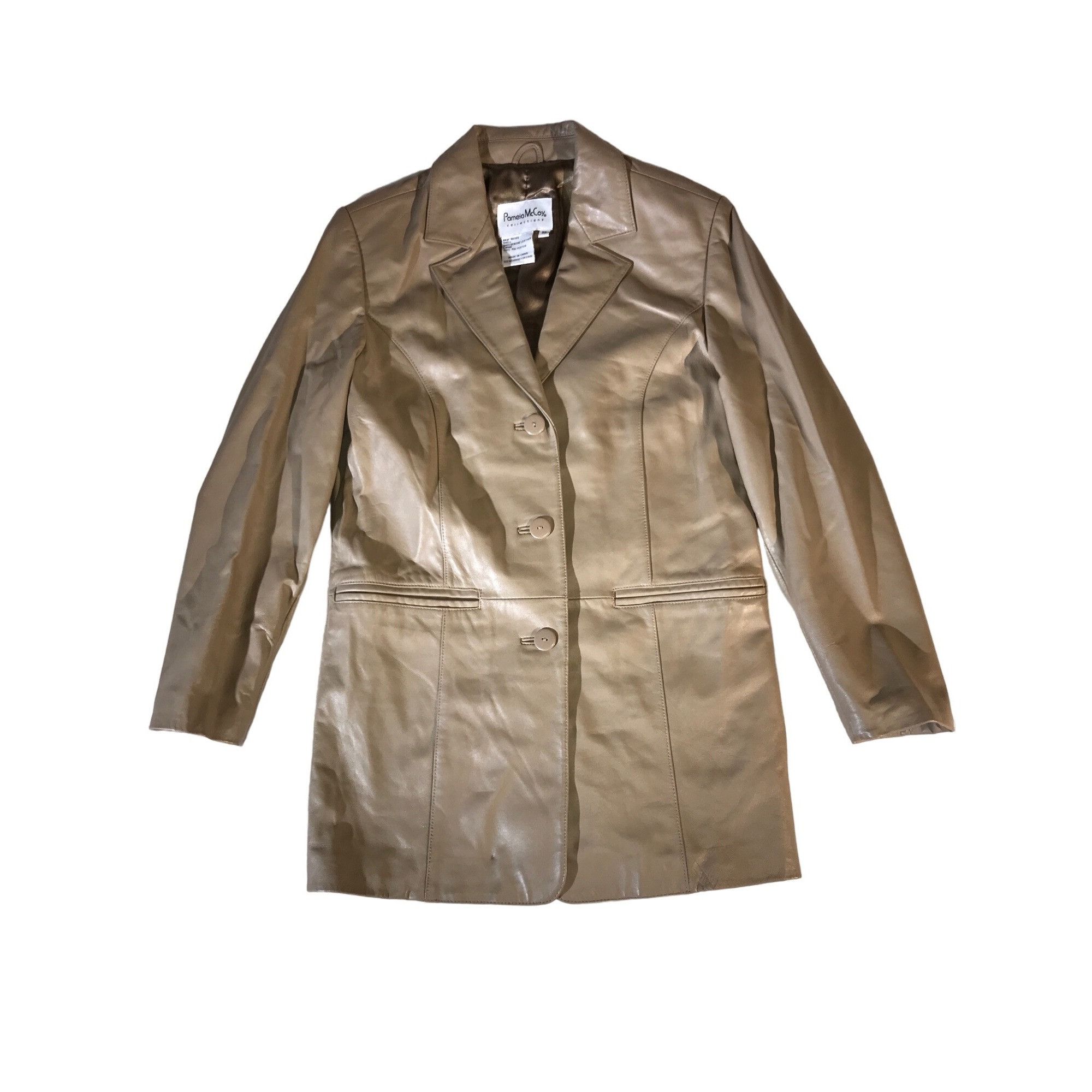 Designer Pamela McCoy Women's Vintage Y2K Taupe Leather Blazer Duster Size XS / US 0-2 / IT 36-38 - 1 Thumbnail