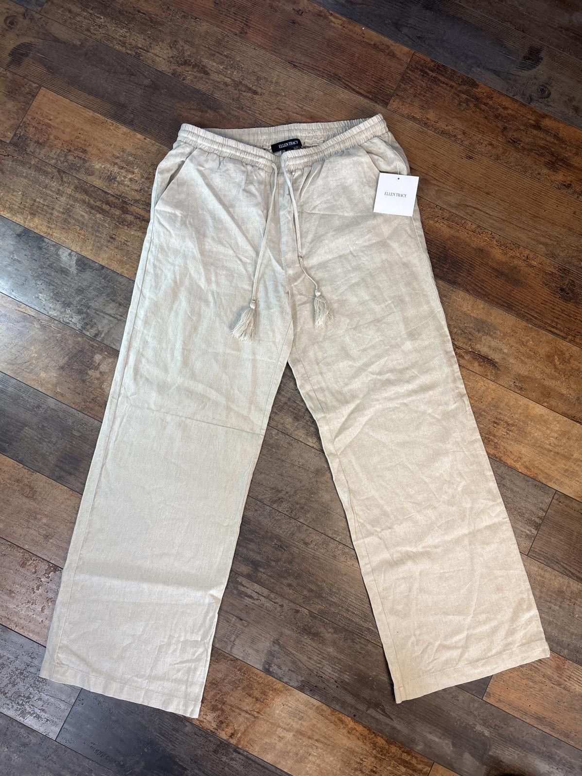 Other Ellen Tracy Beige Wide Leg Linen Pants with Drawstring Waist Size 32" / US 10 / IT 46 - 1 Thumbnail