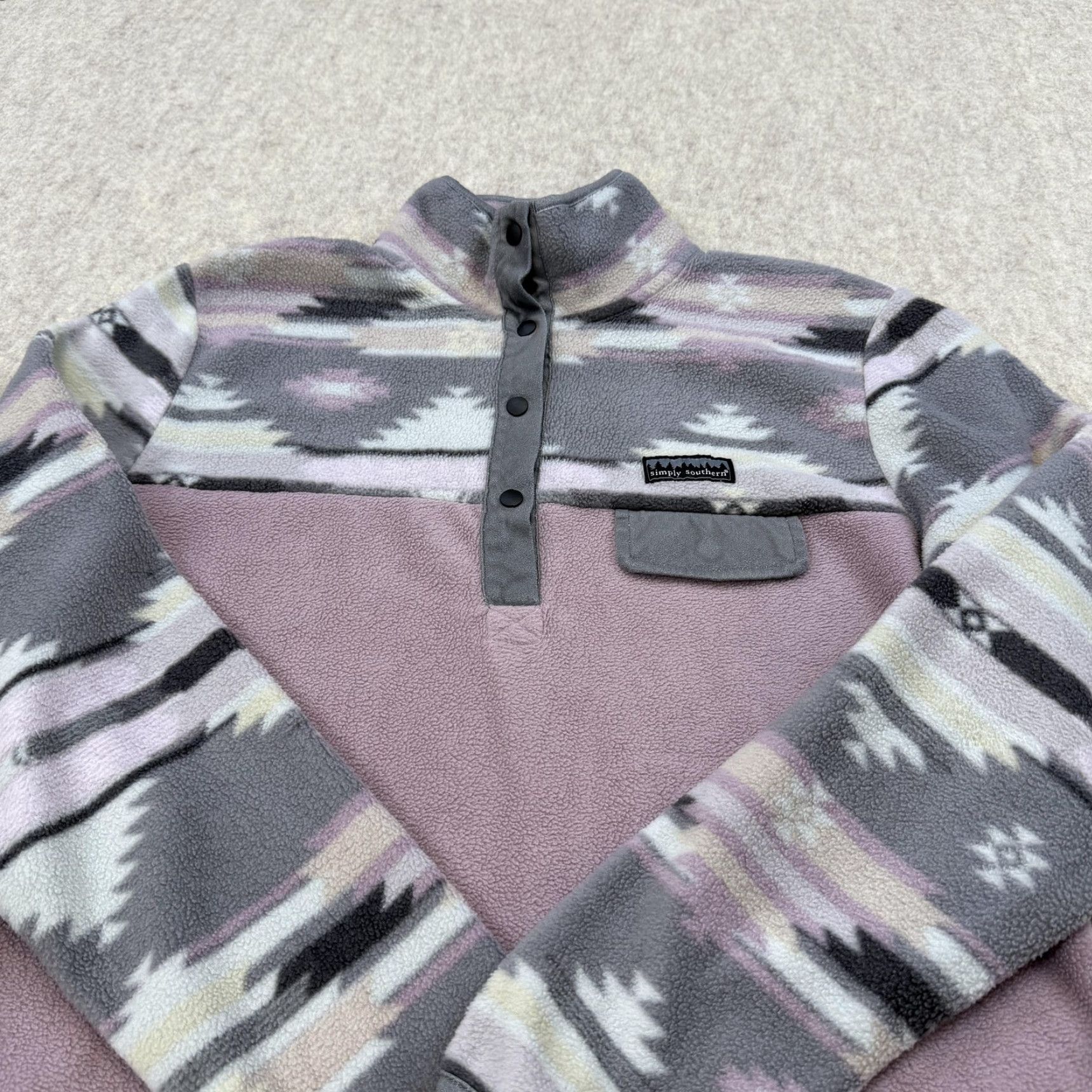 Vintage Simply Southern Fleece Pullover Womens Medium Purple Gray Aztec Snap Neck Sweater Mock Neck Geometric Vintage No Size M / US 6-8 / IT 42-44 - 3 Thumbnail