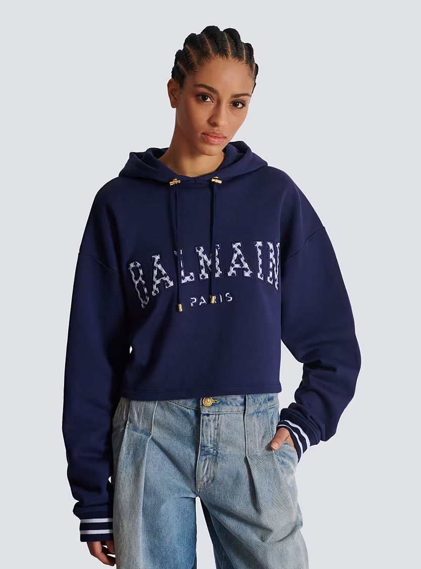 Balmain o1s1wg110825 Gingham Paris Hoodie in Navy Blue Size L / US 10 / IT 46 - 5 Thumbnail