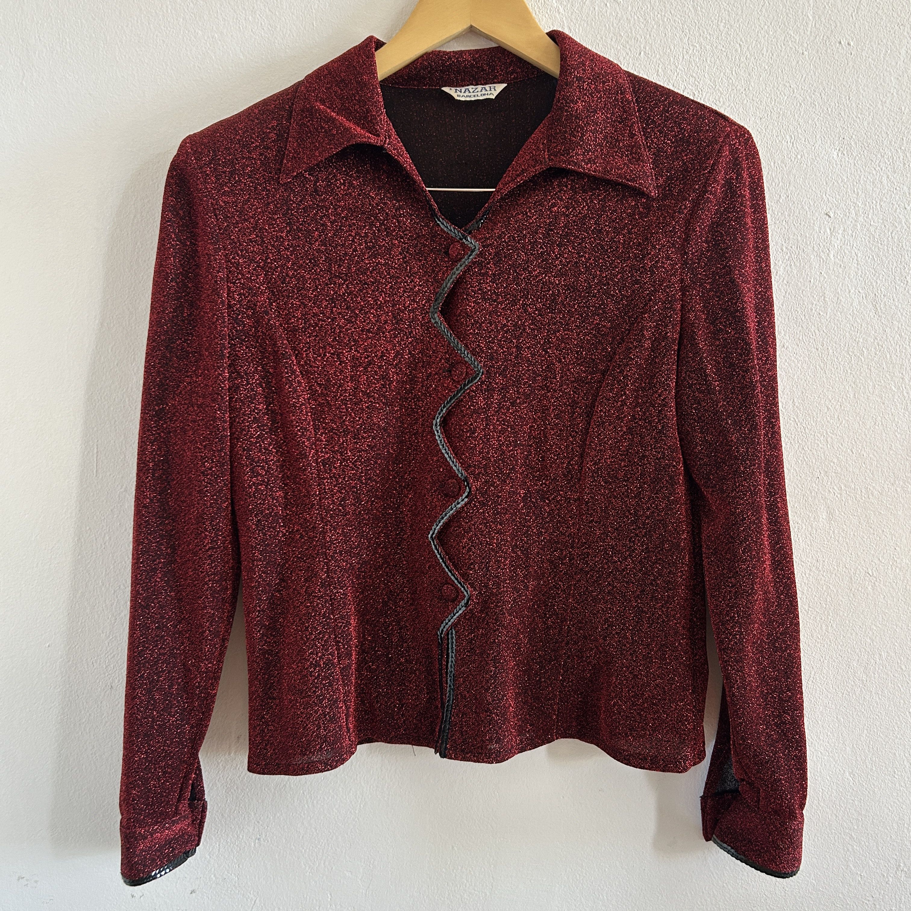 Vintage Vintage 90s Burgundy Glitter Zig Zag Front Blouse Size S / US 4 / IT 40 - 8 Thumbnail