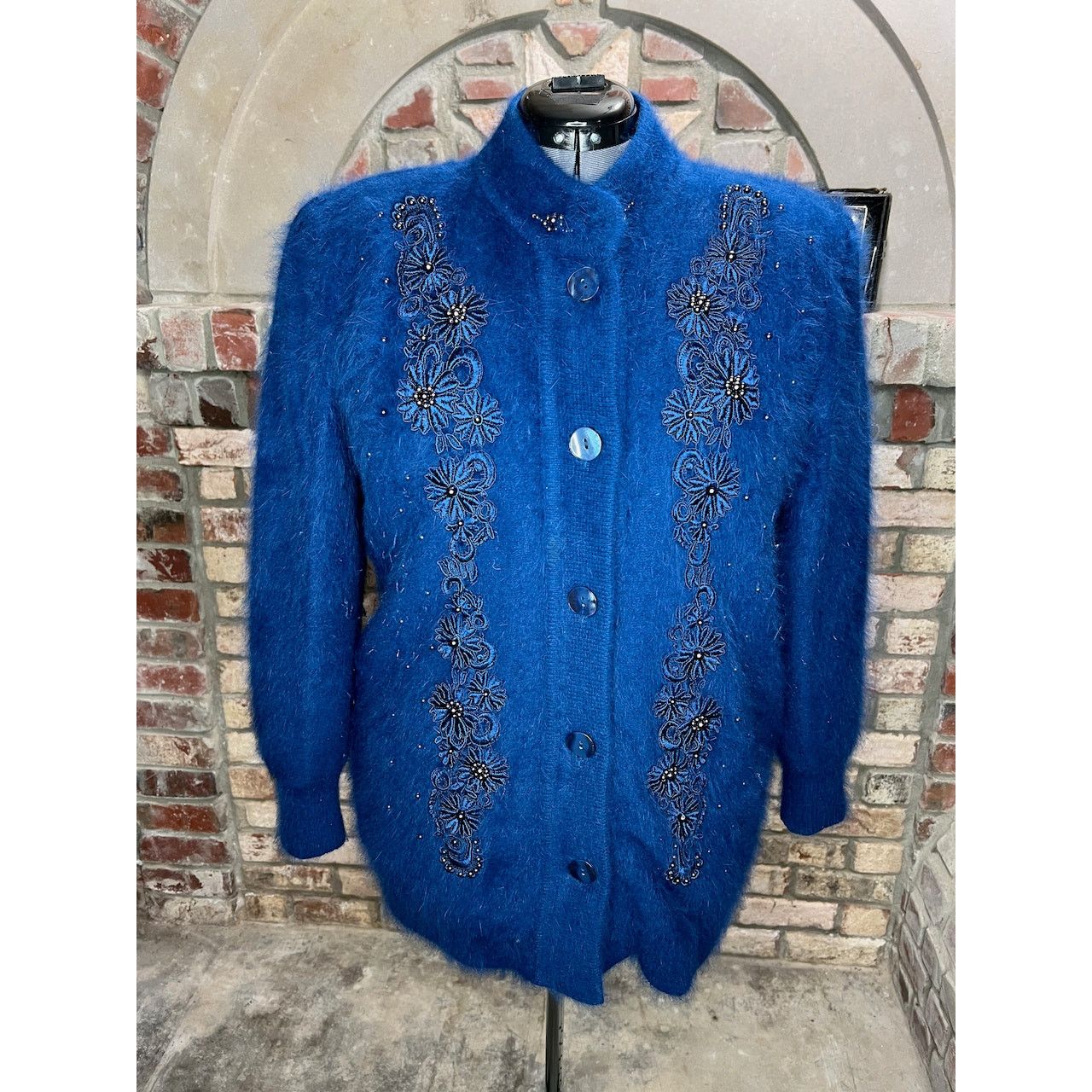 Vintage sweater coat fuzzy beaded sequin flower angora blue Size US XL / EU 56 / 4 - 1 Thumbnail