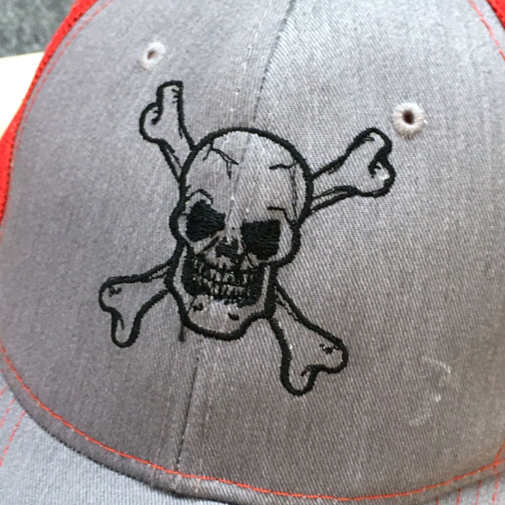 Logo 7 Sweet Caps Skull Trucker Hat Mens One Size Adjustable Gray Red Embroidered Logo Size ONE SIZE - 3 Thumbnail