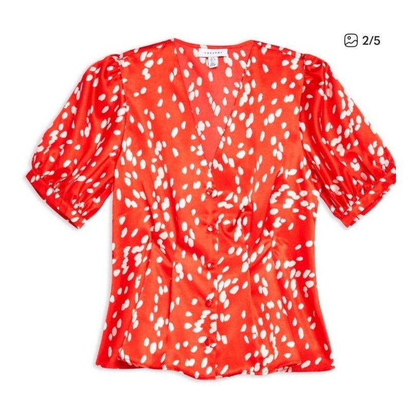 Topshop Topshop Dalmation Print Red Satin Pleated Blouse, 12 Size XL / US 12-14 / IT 48-50 - 2 Thumbnail