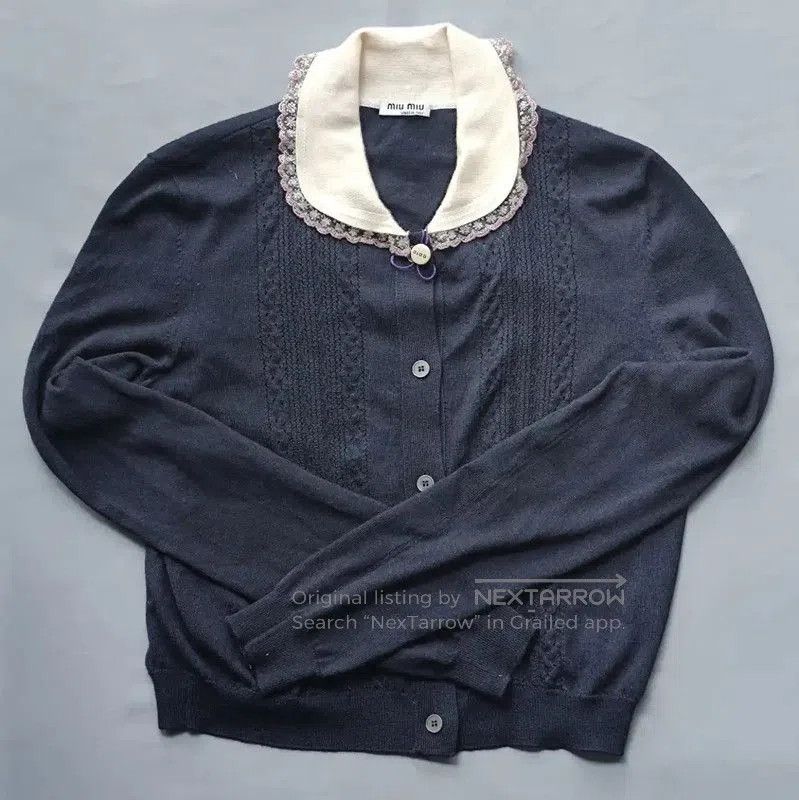 Miu Miu Miu Miu Navy Floral Cashmere Blend Cardigan . Size M / US 6-8 / IT 42-44 - 2 Thumbnail