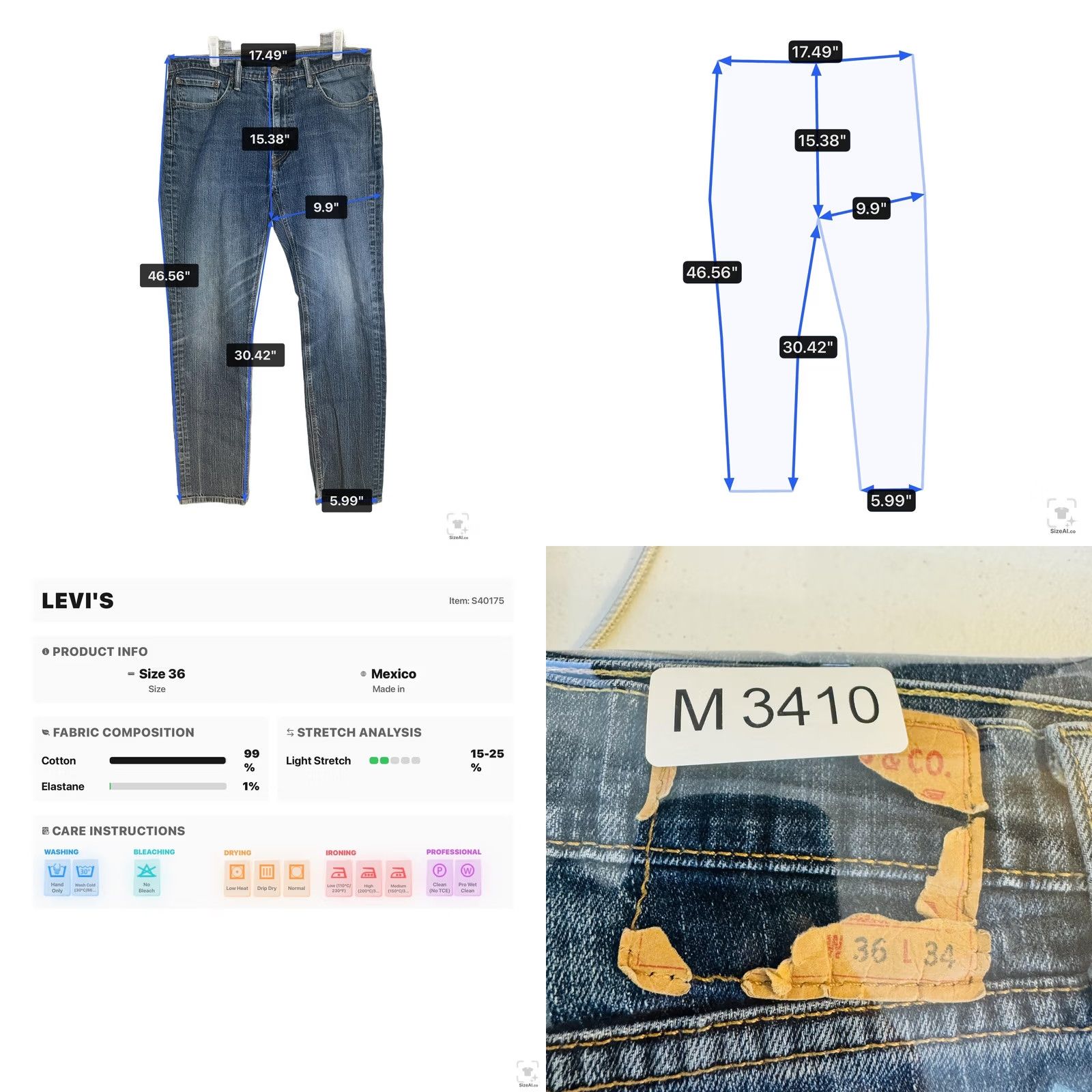 Levi's Levi's Jeans S40175 Slim Tapered Zip Fly 36x34 Blue Medium Wash Denim 5-Pocket Logo 99% Cotton Size US 36 / EU 52 - 9 Thumbnail