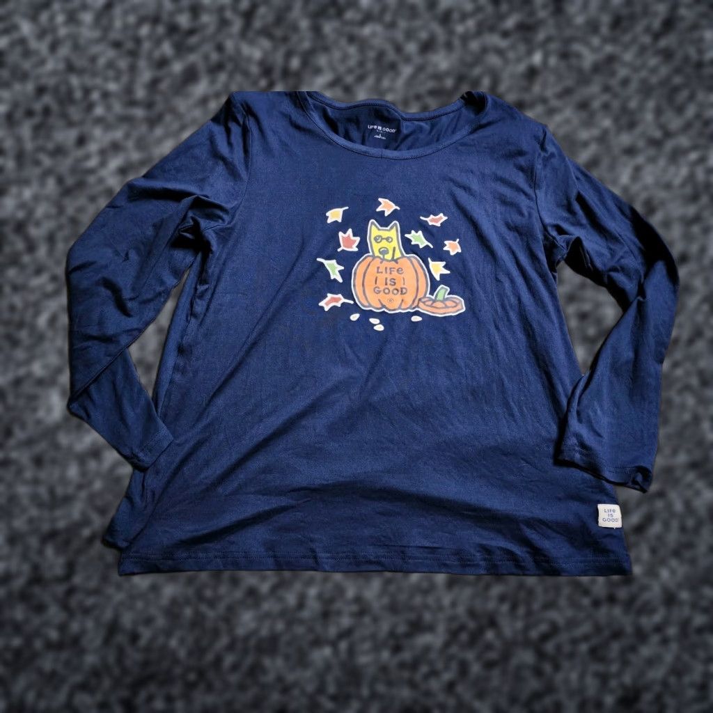 Life is Good Womens L Life Is Good Sleep T Shirt Halloween Long Sleeve Fall Pumpkin Dog Shirt Adult L Blue Women Size L / US 10 / IT 46 - 1 Thumbnail