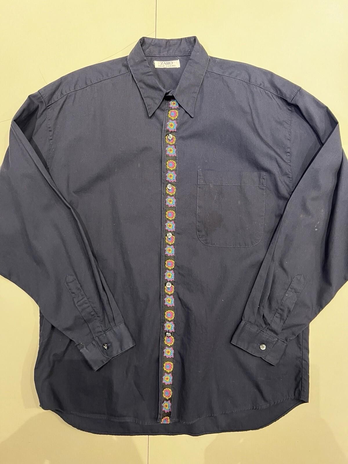 Zara Zaro Pour Homme Button Down Navy Blue Embroidered Shirt Size US L / EU 52-54 / 3 - 1 Thumbnail