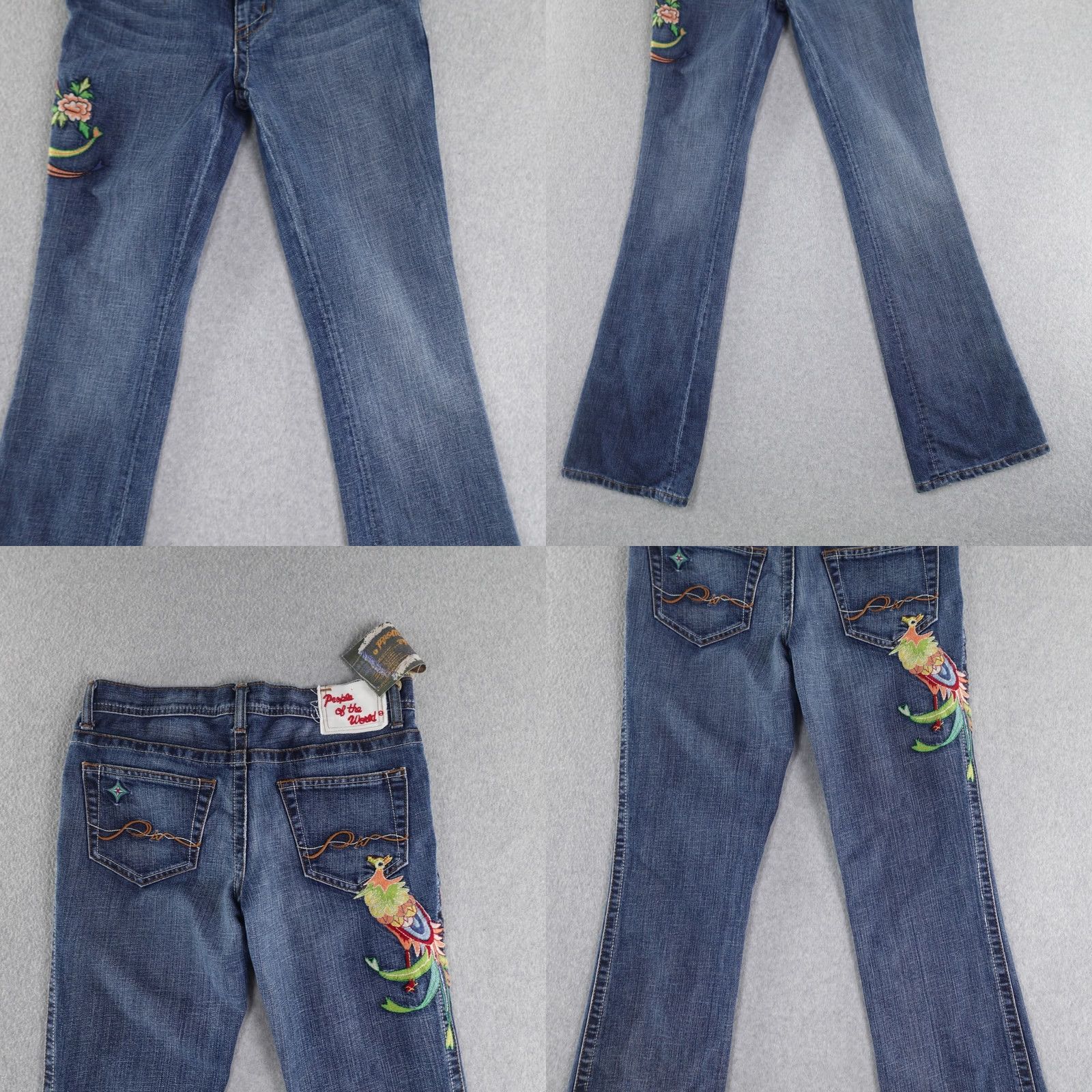 Vintage People of the World Jeans 29 (29X34) Embroidered Peacock Floral Blue Denim 5-Pocket Bootcut Women Adults Jeans Size 29" - 9 Thumbnail