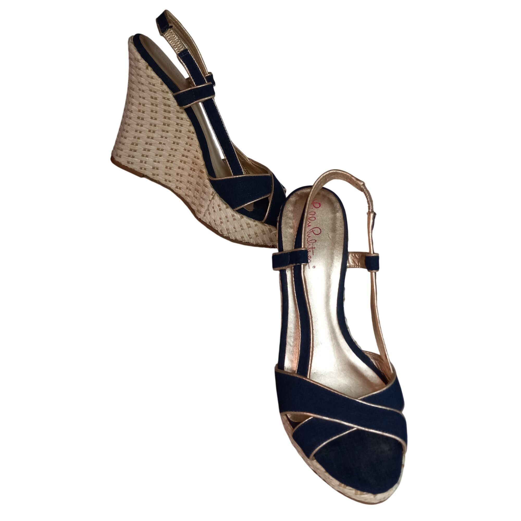 Lilly Pulitzer Lilly Pulitzer 8.5M Sandals Ashley Wedge Canvas Navy Gold Es Size US 8.5 / IT 38.5 - 1 Thumbnail