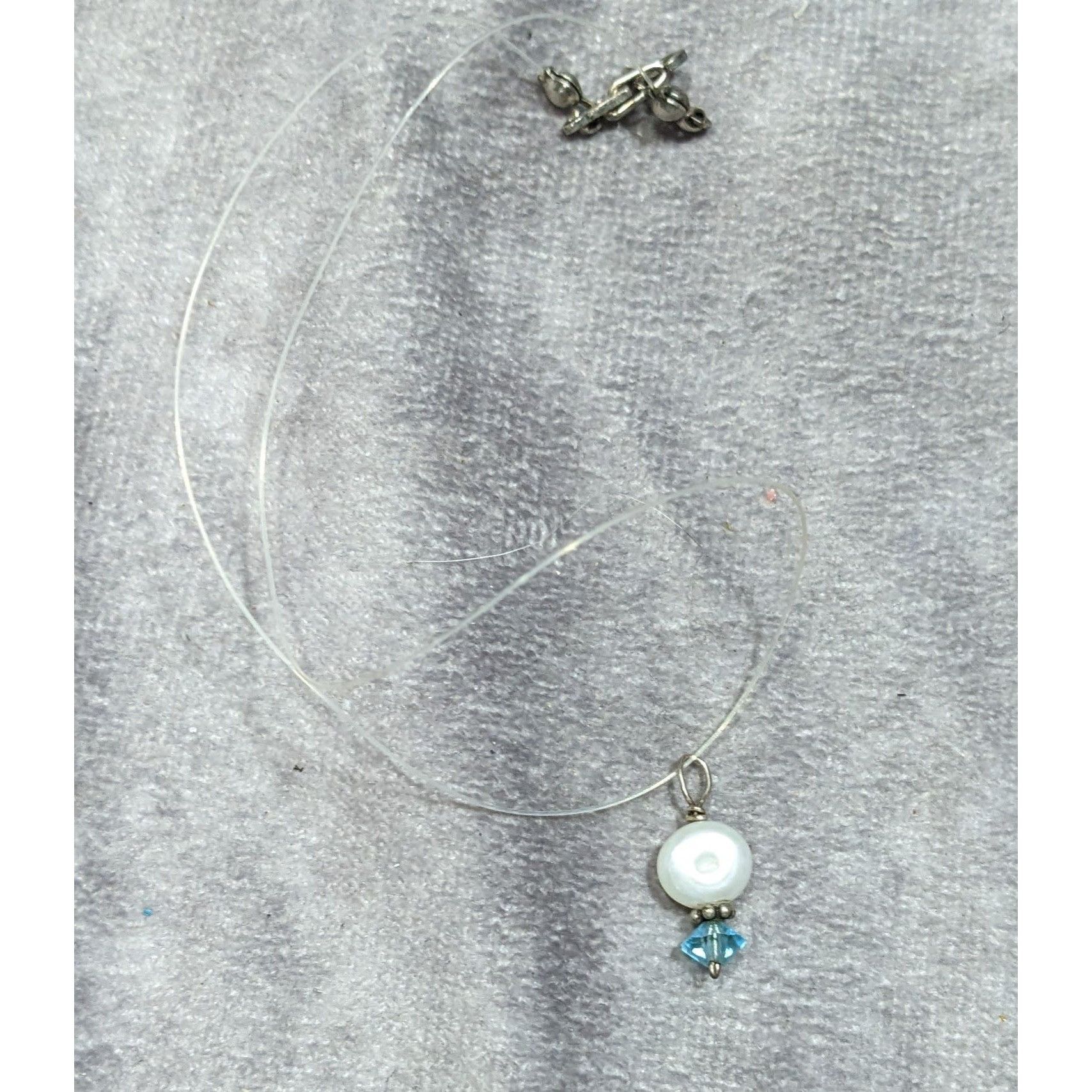Other Dainty Pearl & Blue Crystal Pendant On Clear Wire Necklace W Size ONE SIZE - 5 Thumbnail