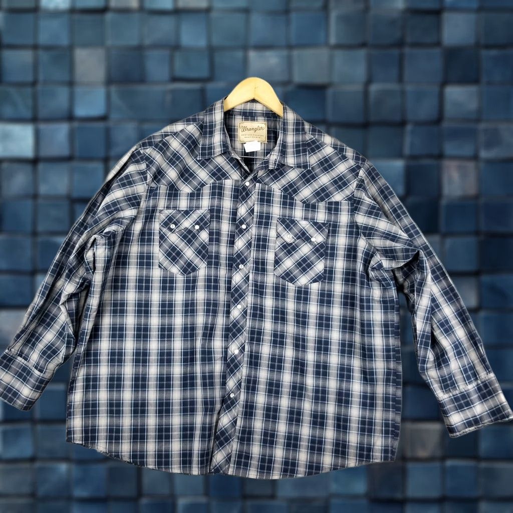 Wrangler Wrangler Western Shirt XXL Plaid Blue Long Sleeve Pearl Snap Sawtooth Button-Up Mens Size US XXL / EU 58 / 5 - 1 Thumbnail