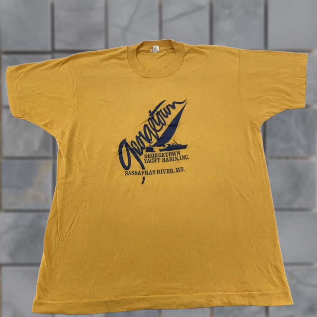 Vintage VINTAGE Georgetown Yacht Basin Shirt Mens M Yellow 80s Nautical Sailboat Graphic Print Crew Neck Short Sleeve Cotton Polyester Size US M / EU 48-50 / 2 - 1 Thumbnail