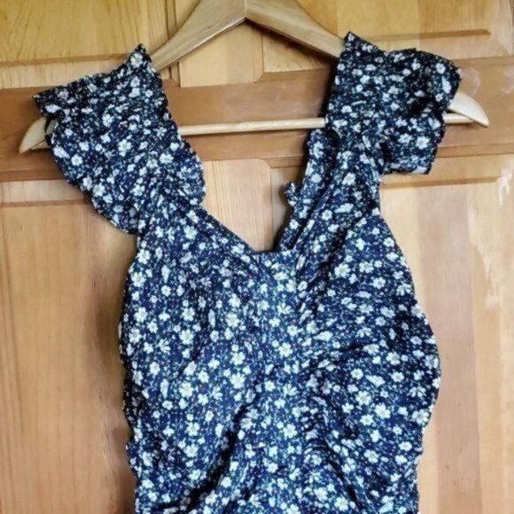 Vintage Dress Forum Navy Floral Vneck Sleeveless Rushed Zippered Sz Size M / US 6-8 / IT 42-44 - 2 Thumbnail