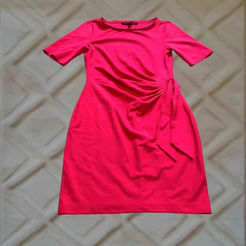 White House Black Market VINTAGE? No. White House Black Market Dress Women's Short Sleeve Pink XS Knit Belted Zipper Knee Length Round Neck Size 26" / US 2 / IT 38 - 1 Thumbnail