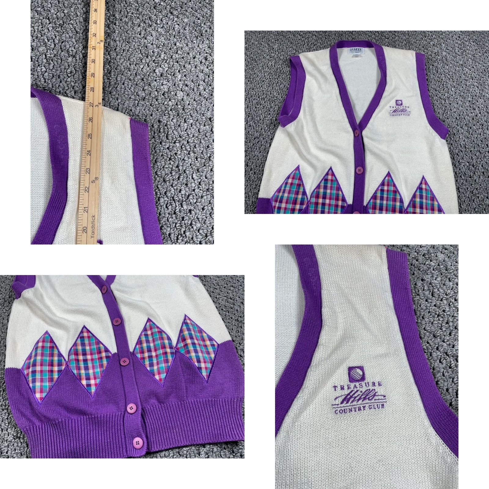 Vintage VINTAGE La Mode Argyle Button Up Sweater Vest Women's Large White Purple Chunky Knit 90s Retro Size L / US 10 / IT 46 - 8 Thumbnail