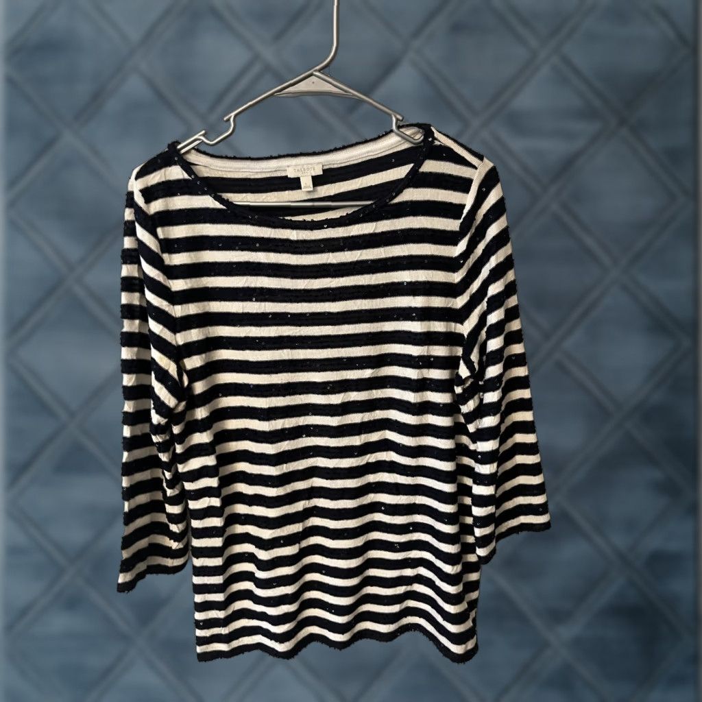 Talbots Talbots Knit Top Tunic 3/4 Sleeve Navy Striped Sequin Multicolor Boat Neck L Womens Size L / US 10 / IT 46 - 1 Thumbnail