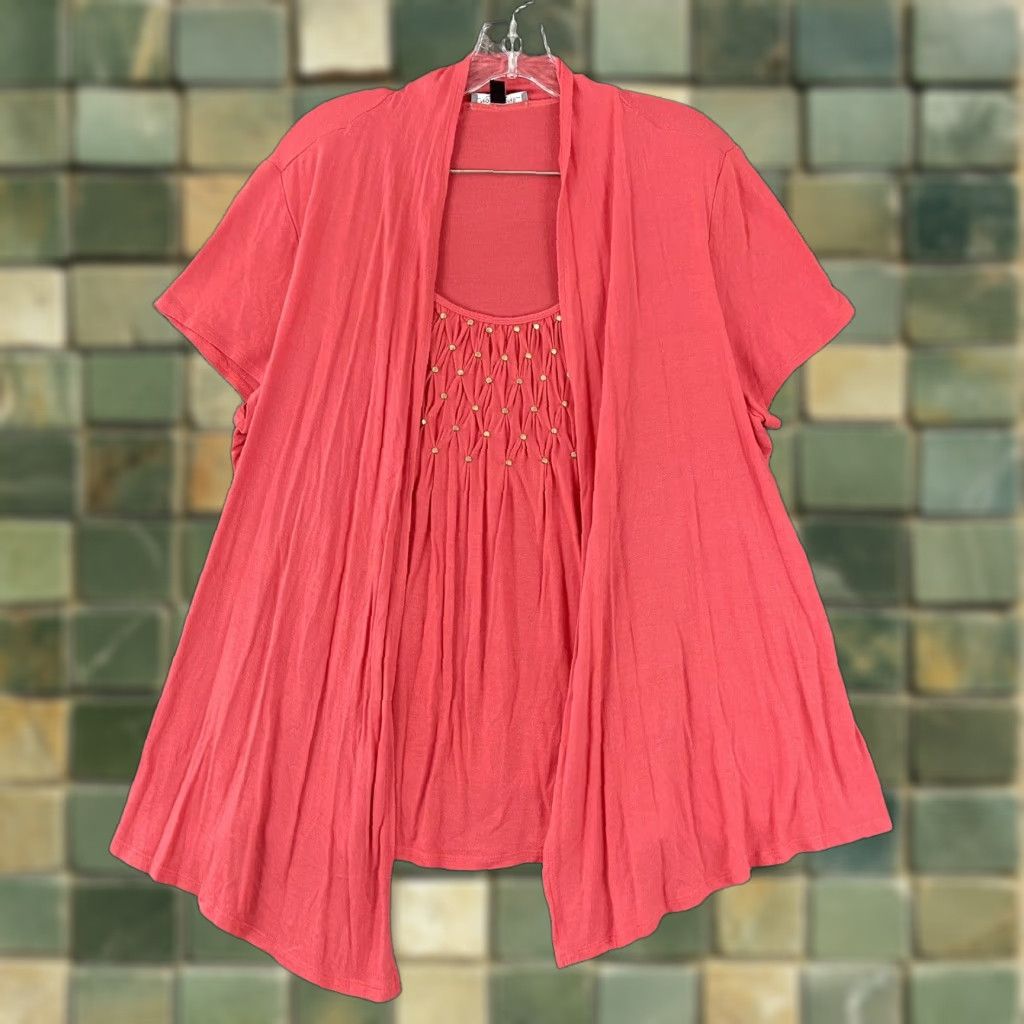 Vintage Notations Blouse Studded Women’s XL Salmon Pink Short Sleeves Size XL / US 12-14 / IT 48-50 - 1 Thumbnail