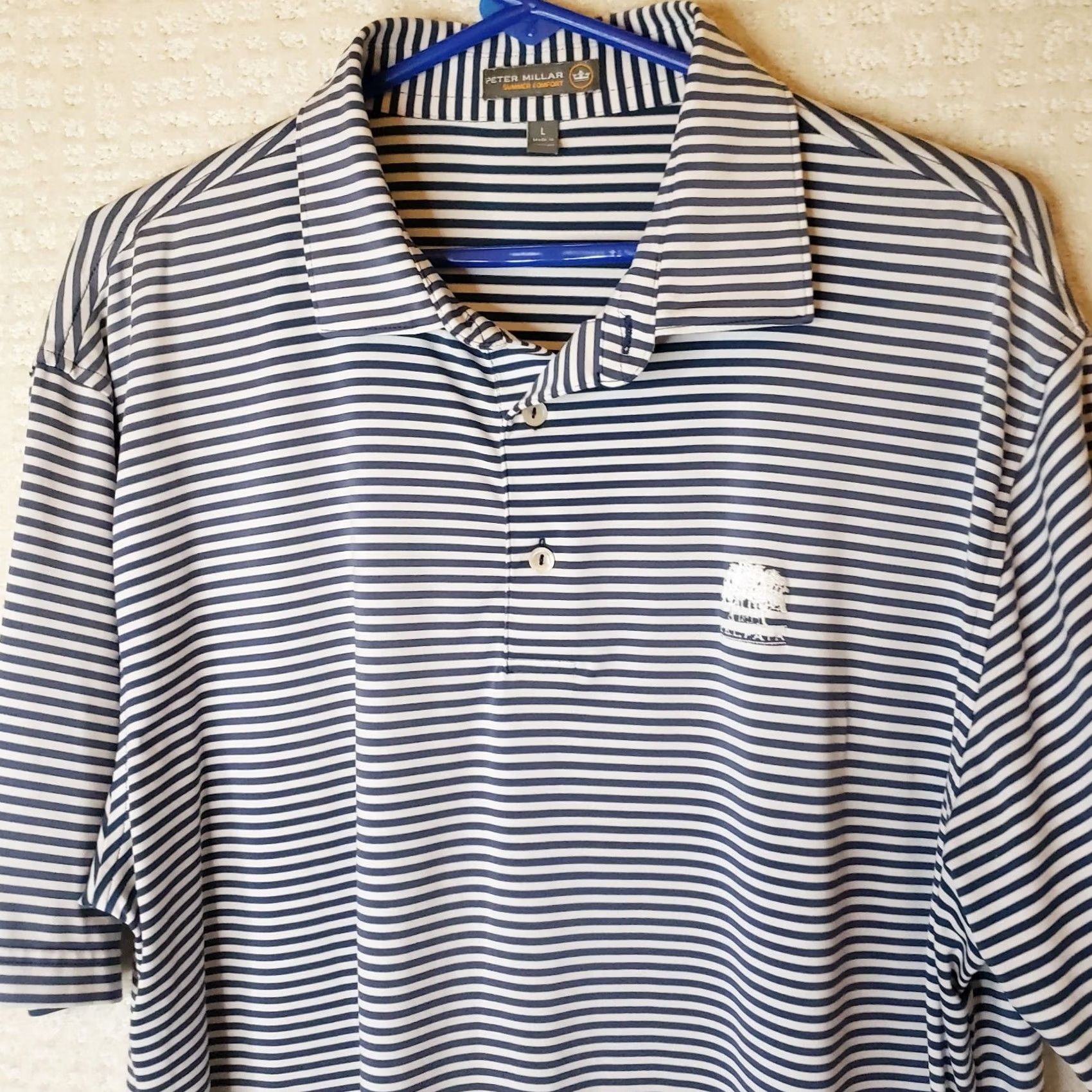 Peter Millar Peter Millar Summer Comfort Polo Shirt Navy Blue White Striped Golf L Crown Shirt Mens L Blue White Striped Polo Size US L / EU 52-54 / 3 - 3 Thumbnail