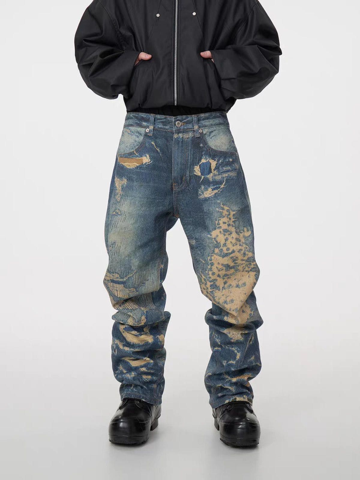 3D Digital Print Corroded Effect Jeans – Loose Straight Fit
