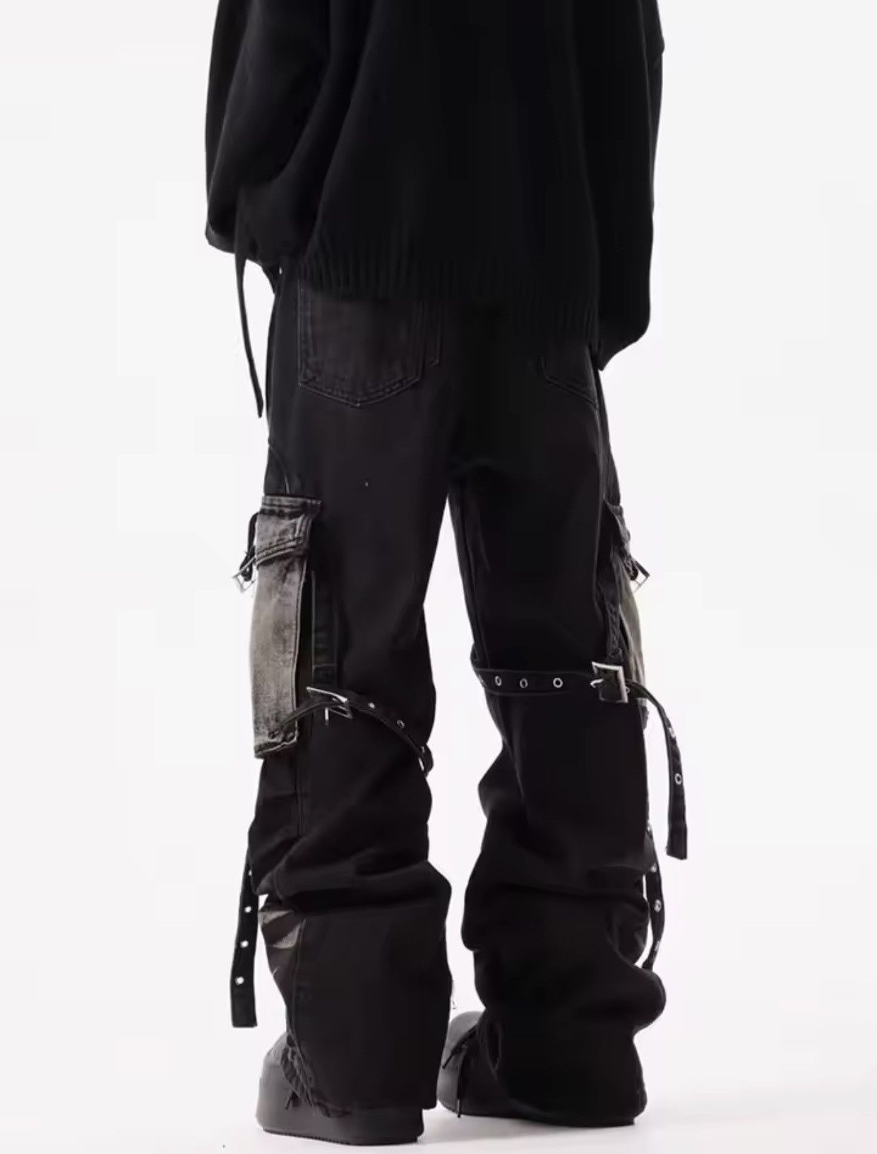 Denime × Jean Cyber Y2K Streetwear Ripple Strap Baggy Cargo Jeans Pants Size US 33 - 3 Thumbnail