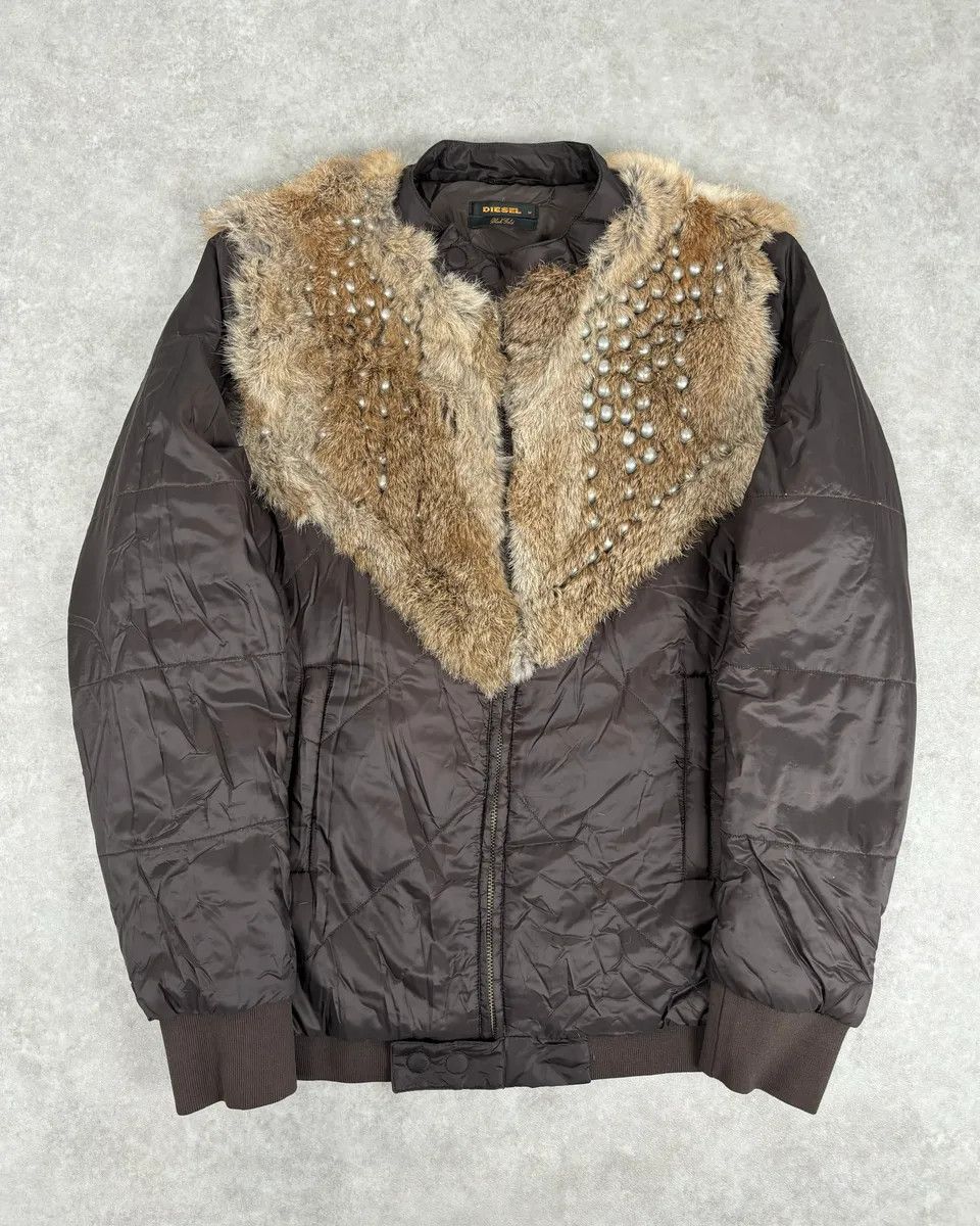 Diesel 2000s Diesel Fur Studded Shoulders Brown Puffer Jacket Size US M / EU 48-50 / 2 - 1 Thumbnail