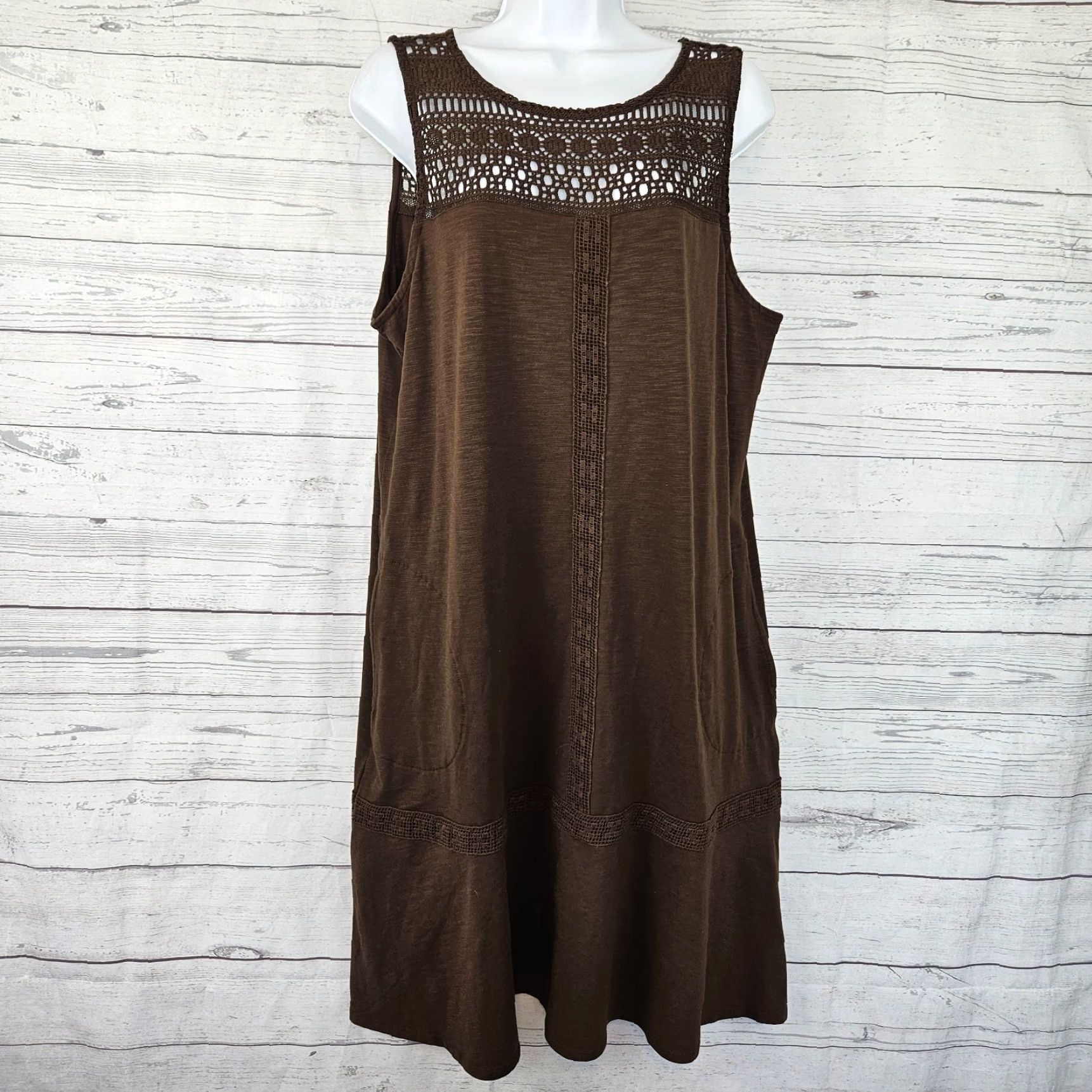 J. Jill J Jill Womens Dress Solid Brown Crochet Lace Pockets Cotton Blend Size L Sleeveless Knee Length Pullover Shift Vintage No N/A Women Size L / US 10 / IT 46 - 2 Thumbnail