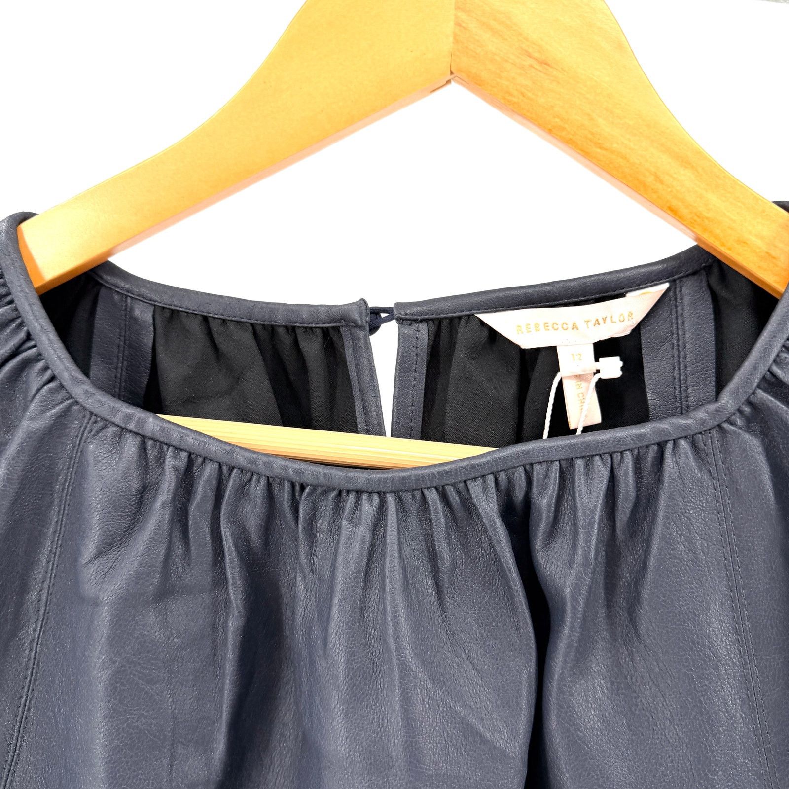 Rebecca Taylor Navy Blue Vegan Leather Silk Lined Puff Sleeve Top Size L / US 10 / IT 46 - 2 Thumbnail