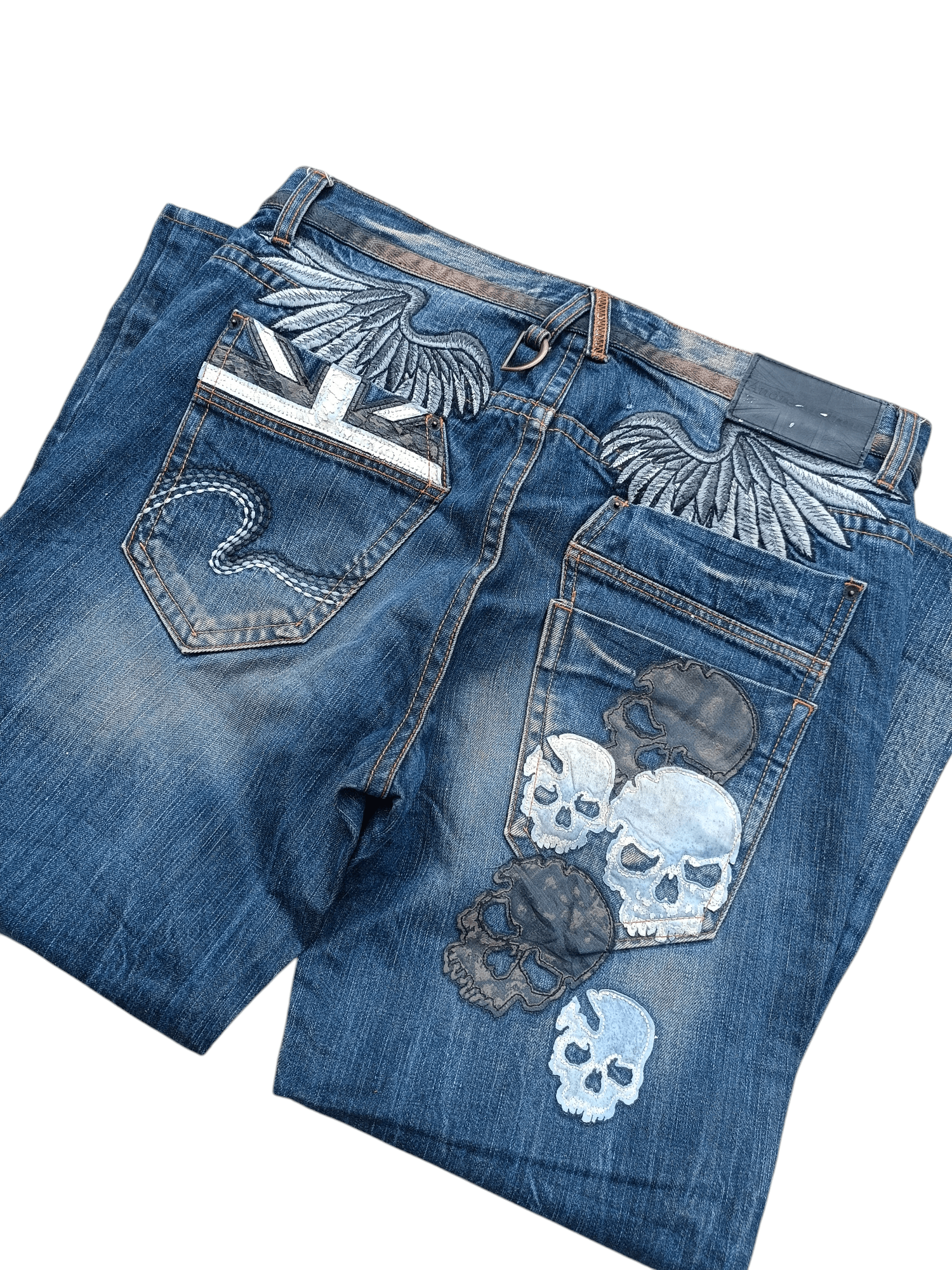 Designer RARE Andre Malraur Distressed Skull + Embroidery Angel Denim Size US 36 / EU 52 - 15 Thumbnail
