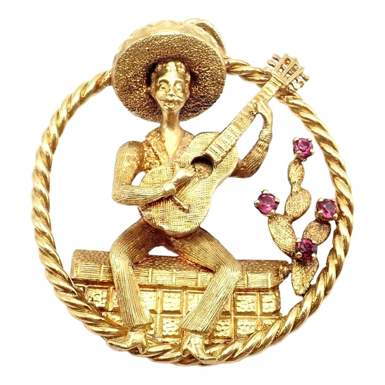 Vintage Rudi Cherny Yellow Gold Guitar Player Cactus Ruby Pendant Size ONE SIZE - 1 Thumbnail